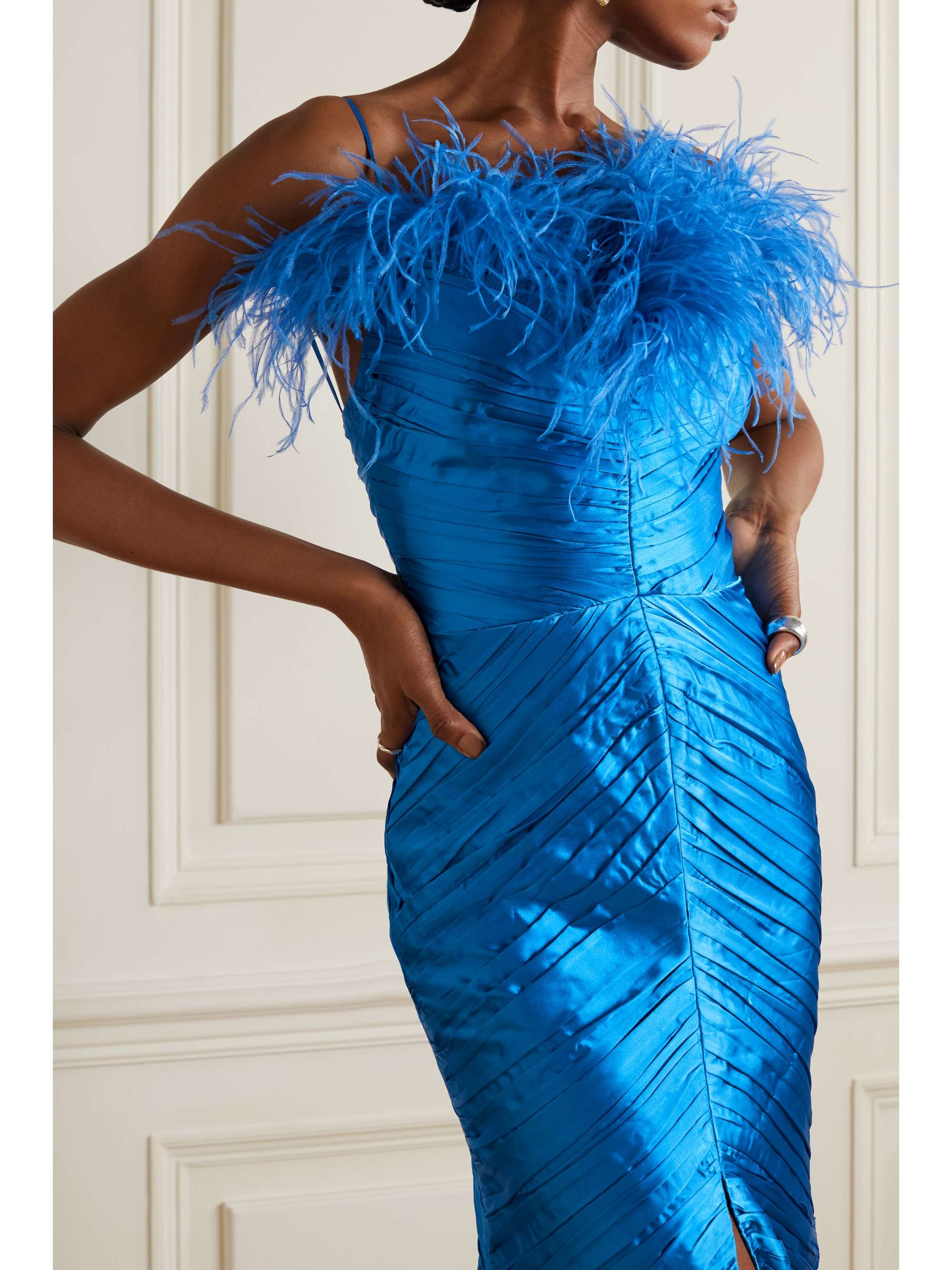 RASARIO Feather-trimmed ruched satin midi dress