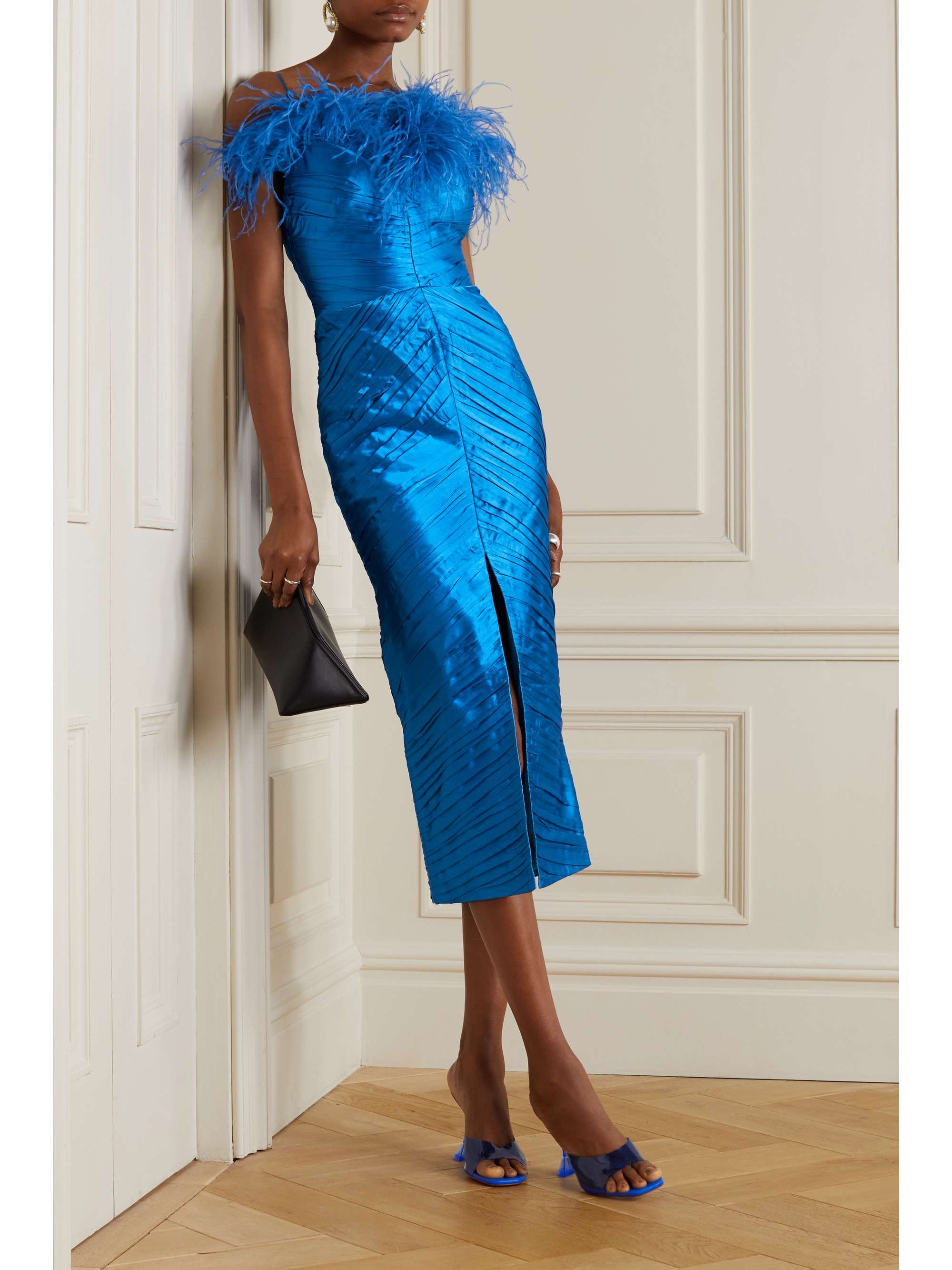 RASARIO Feather-trimmed ruched satin midi dress