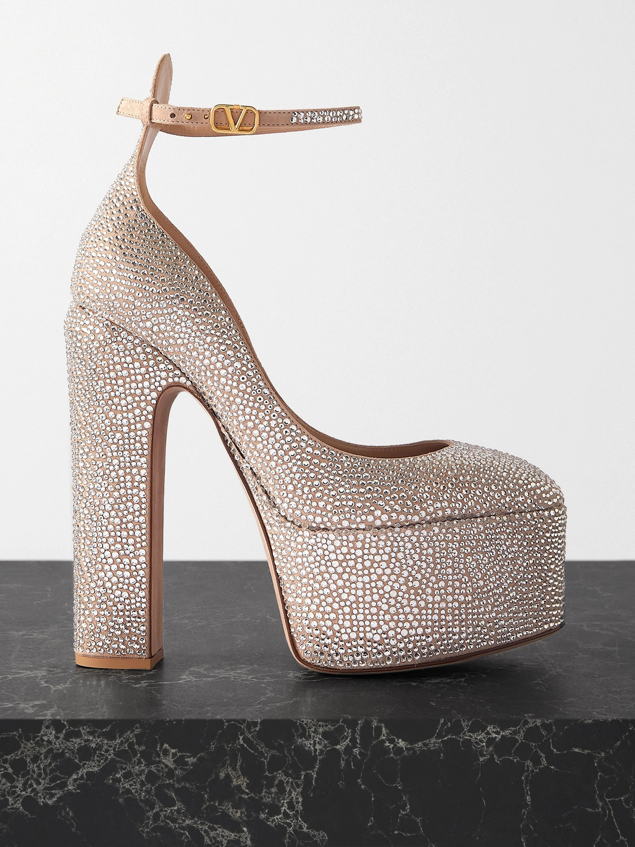 Shop Valentino Crystal-embellished Suede Platform Pumps In Silver