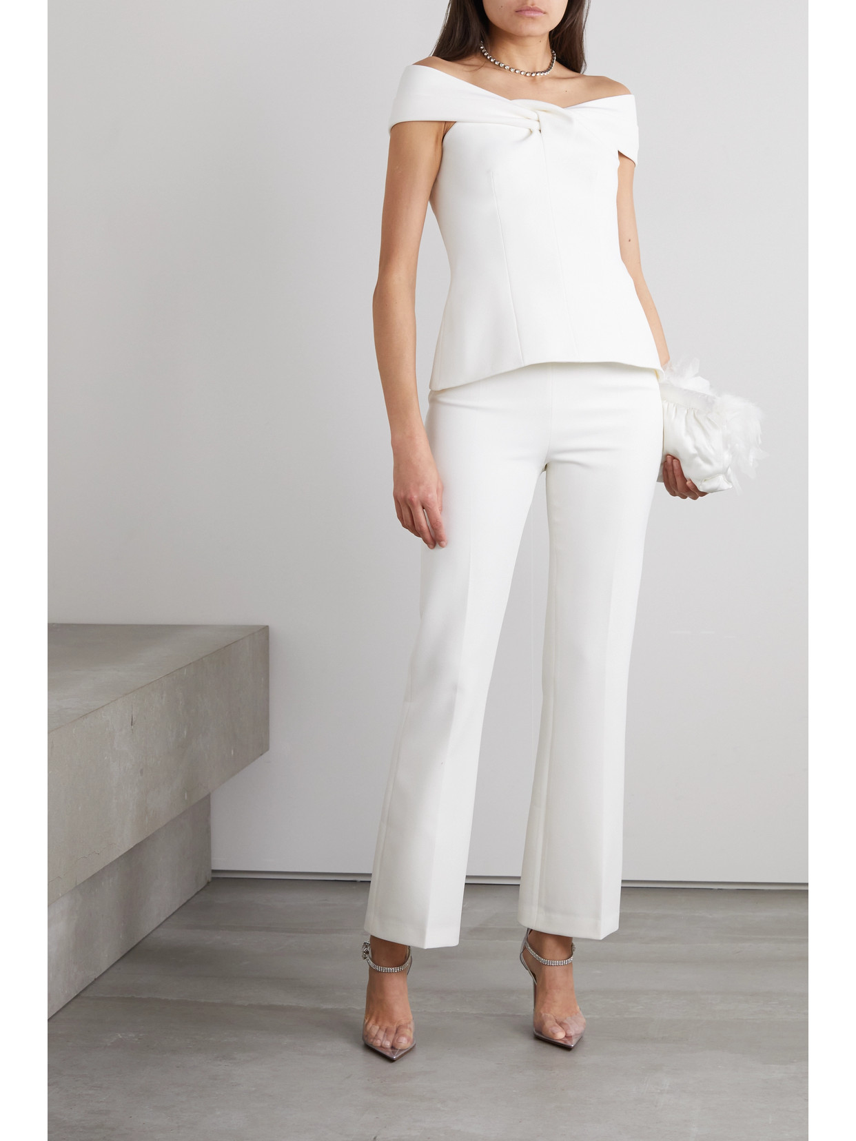 Shop Safiyaa Mari Pleated Stretch-crepe Flared Pants In White