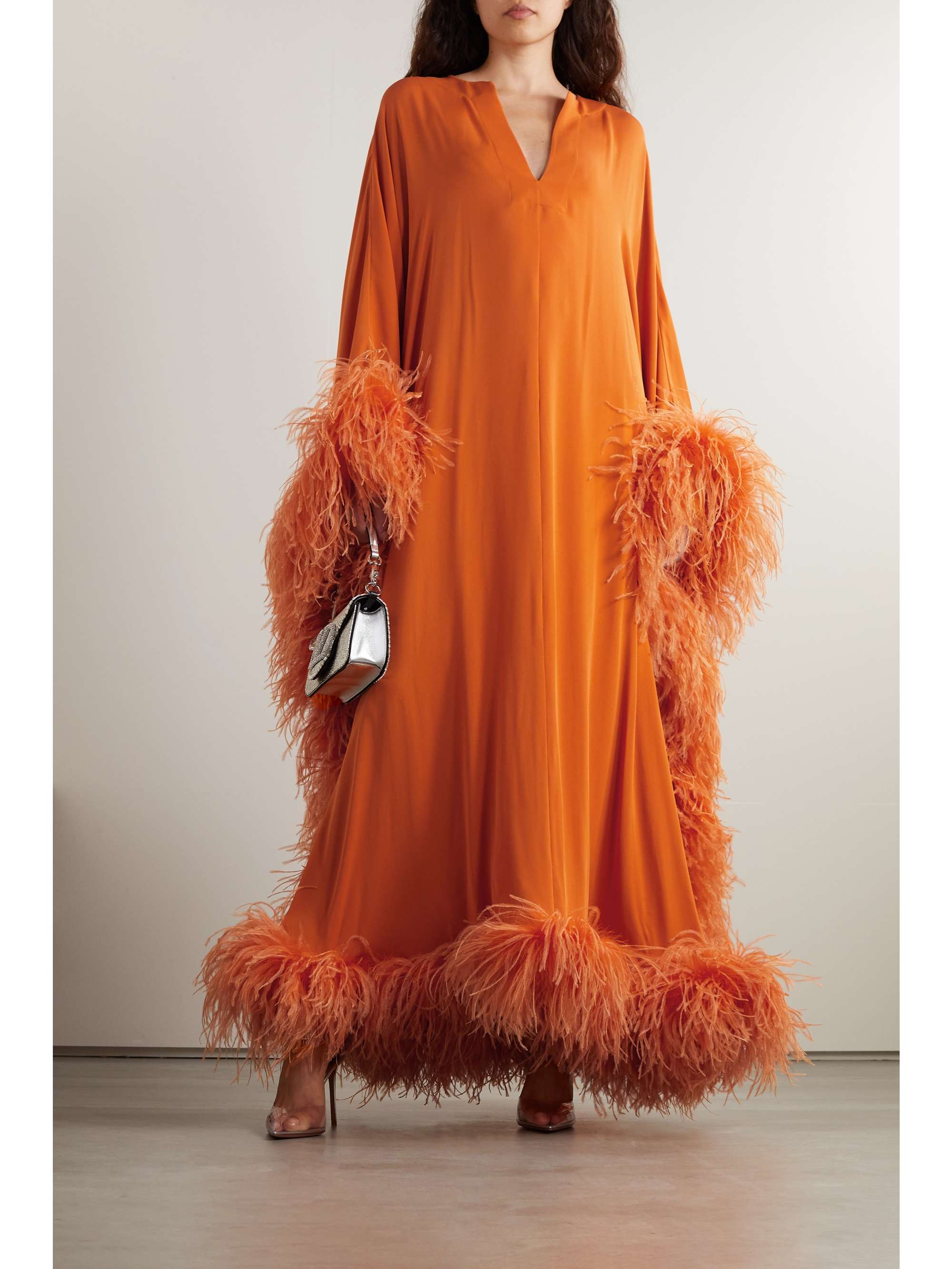 VALENTINO GARAVANI Feather-trimmed draped crepe gown
