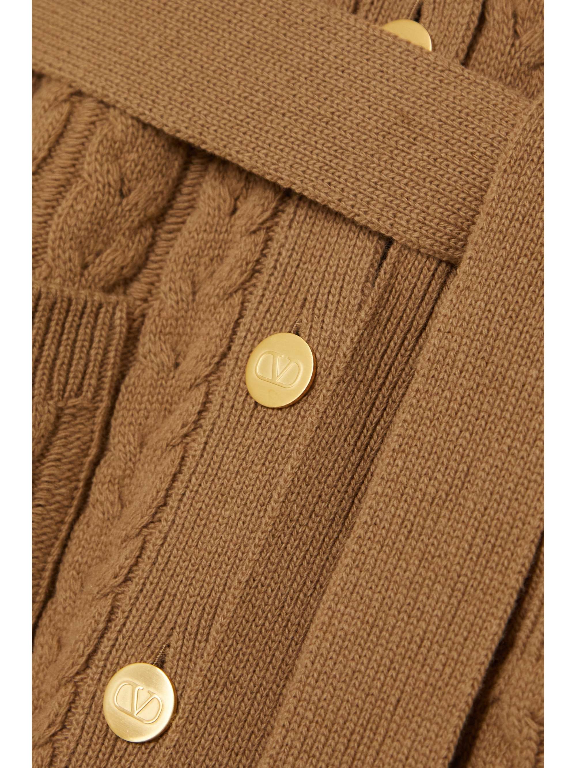 VALENTINO GARAVANI Belted feather-trimmed cable-knit wool cardigan