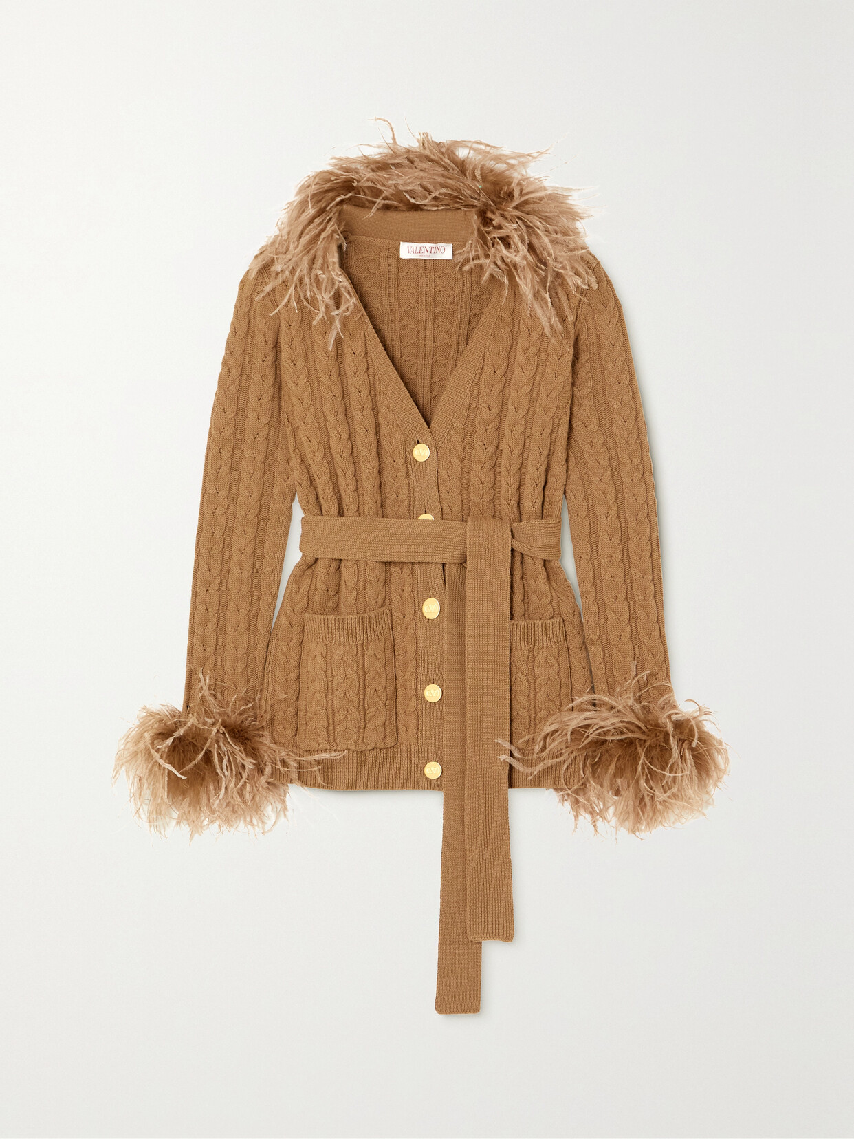 Shop Valentino Belted Feather-trimmed Cable-knit Wool Cardigan In Brown