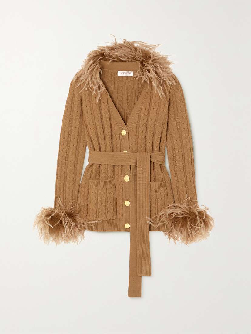Valentino Garavani — Belted feather-trimmed cable-knit wool cardigan