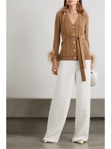 Valentino Garavani Belted feather-trimmed cable-knit wool cardigan