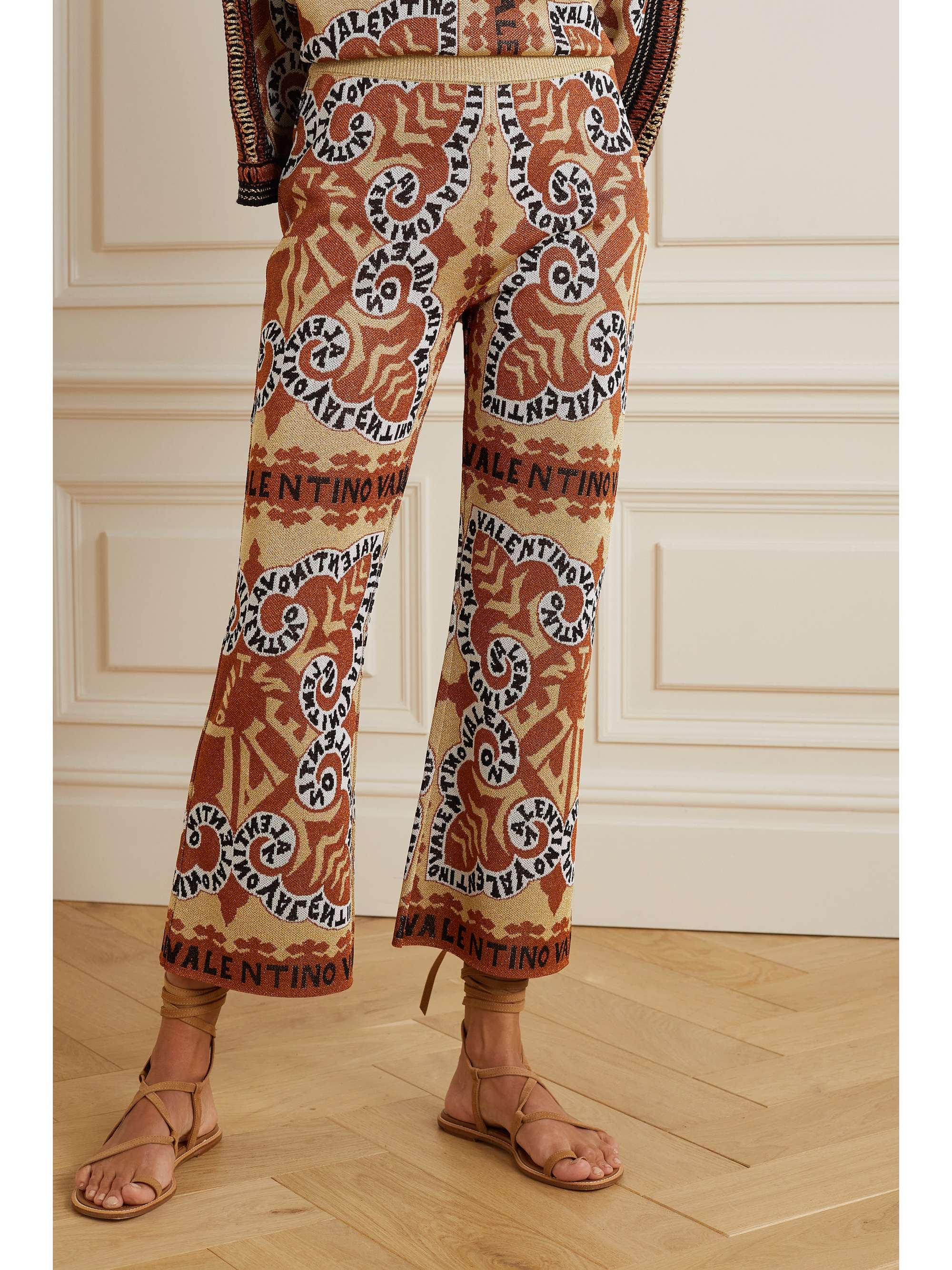 Brown Cropped metallic jacquardknit bootcut pants VALENTINO NETA