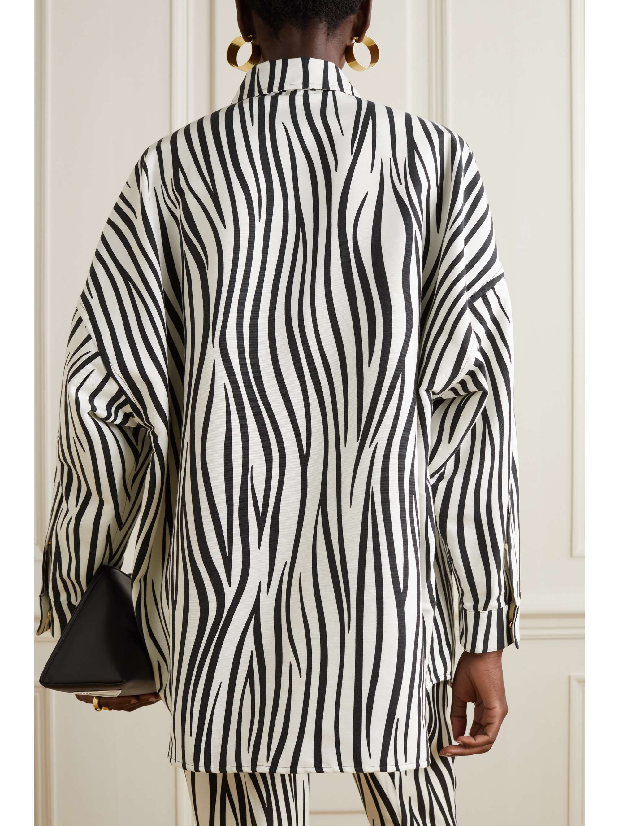 Oversized embellished zebra-print silk-faille shirt