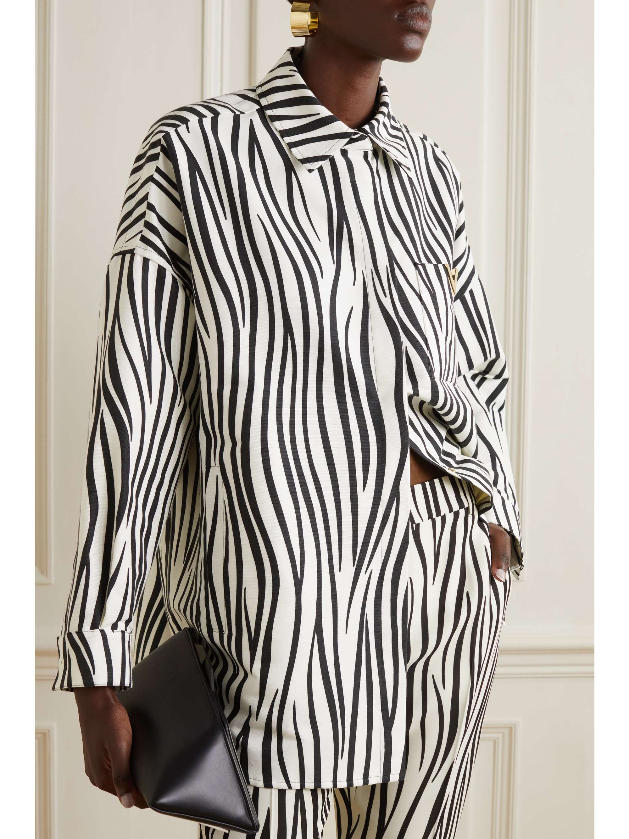 Oversized embellished zebra-print silk-faille shirt