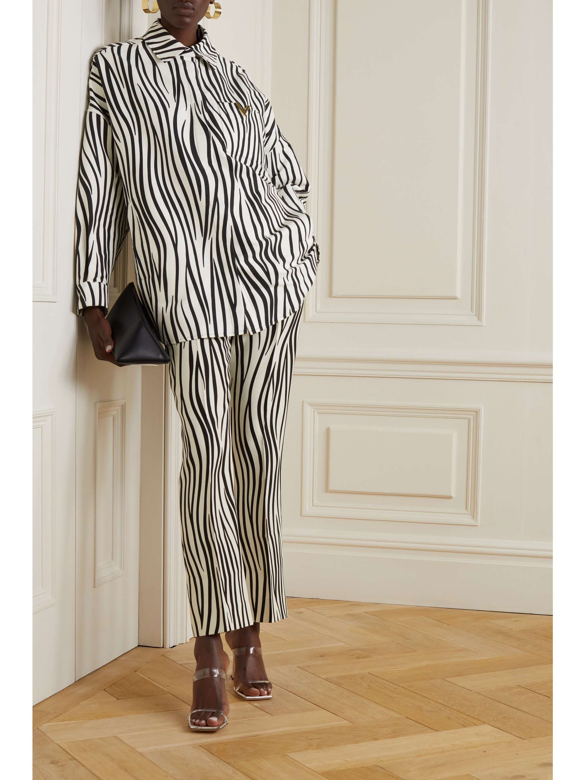 VALENTINO GARAVANI Oversized embellished zebra-print silk-faille shirt