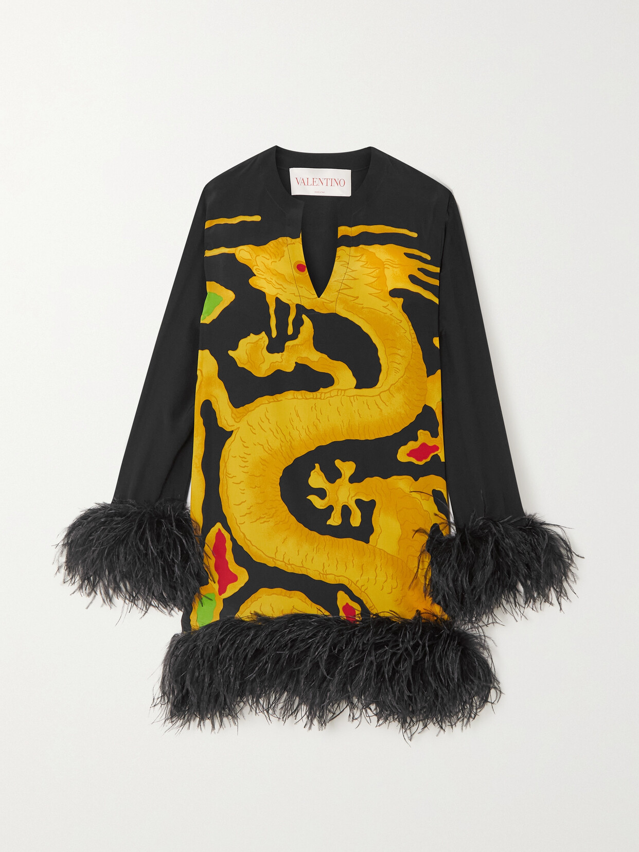 Valentino Abito In Crepe De Chine Stampa Drago Re-edition Ricamato Con Piume In Black