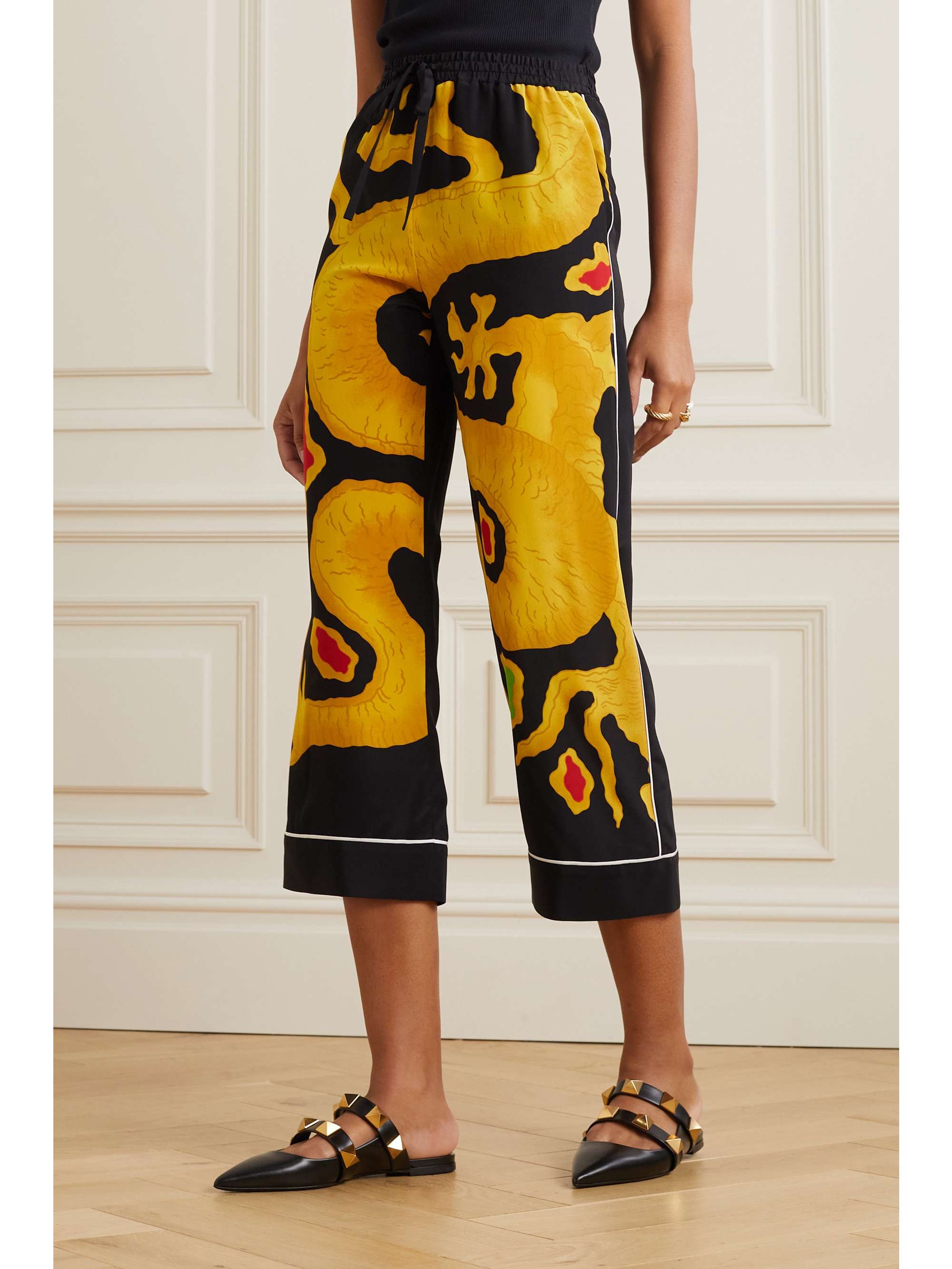 VALENTINO GARAVANI Dragon cropped printed silk crepe de chine straight-leg pants