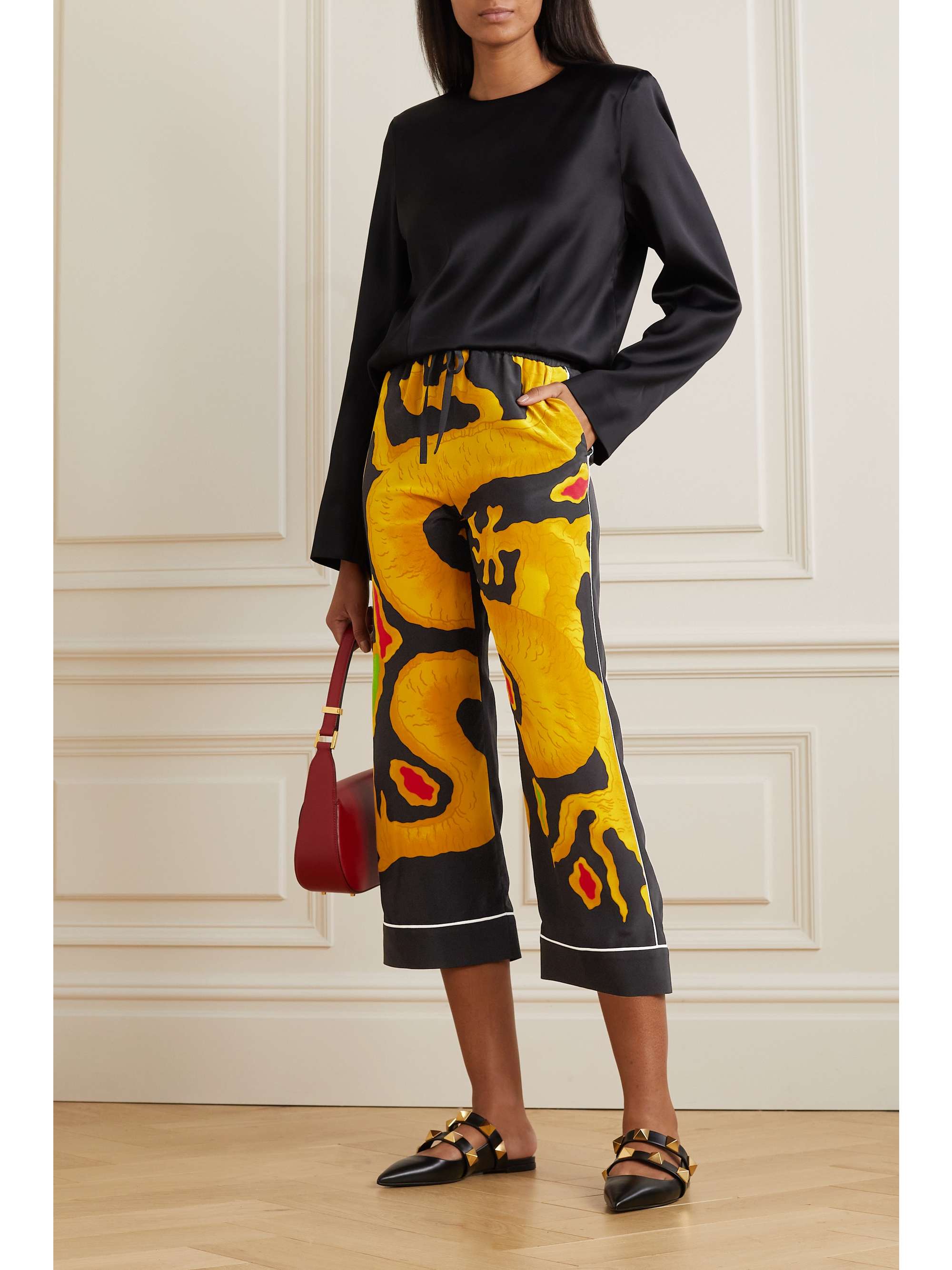VALENTINO GARAVANI Dragon cropped printed silk crepe de chine straight-leg pants