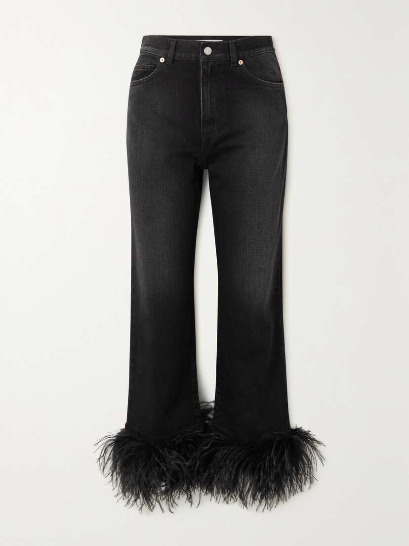 Valentino Garavani Feather-trimmed Straight-leg Jeans