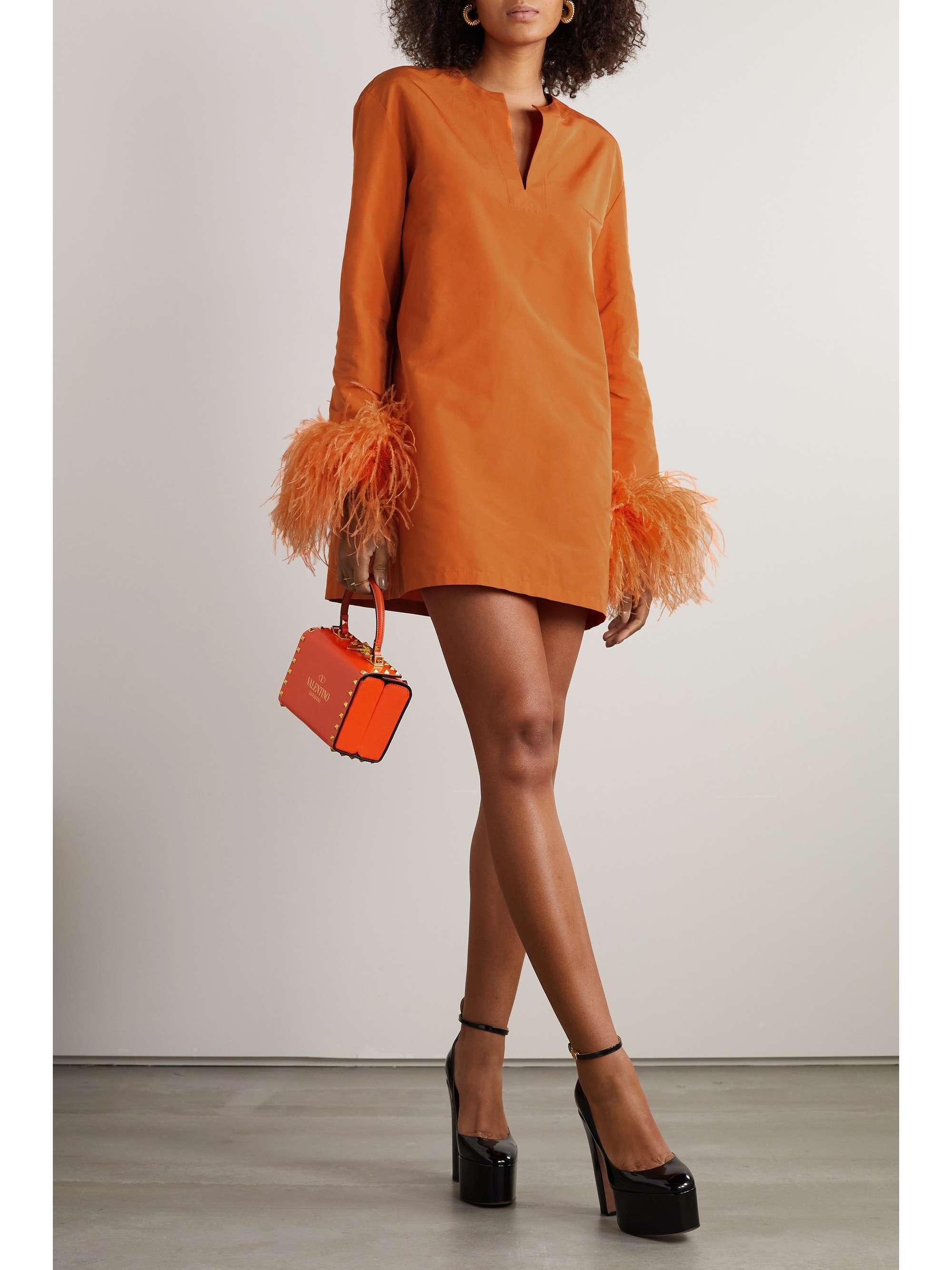 VALENTINO GARAVANI Feather-trimmed cotton-blend mini dress