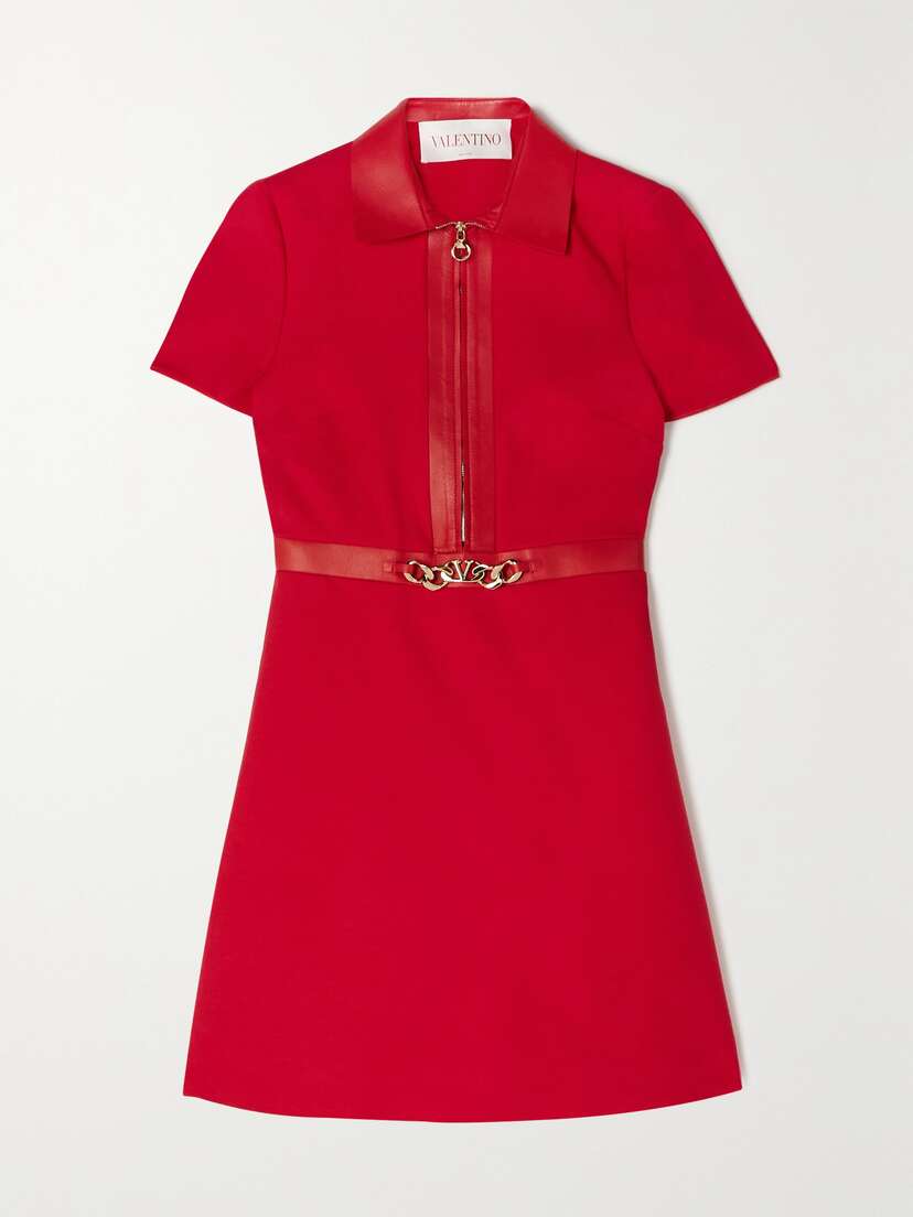 Valentino Garavani Embellished Leather-trimmed Wool And Silk-blend Mini Dress