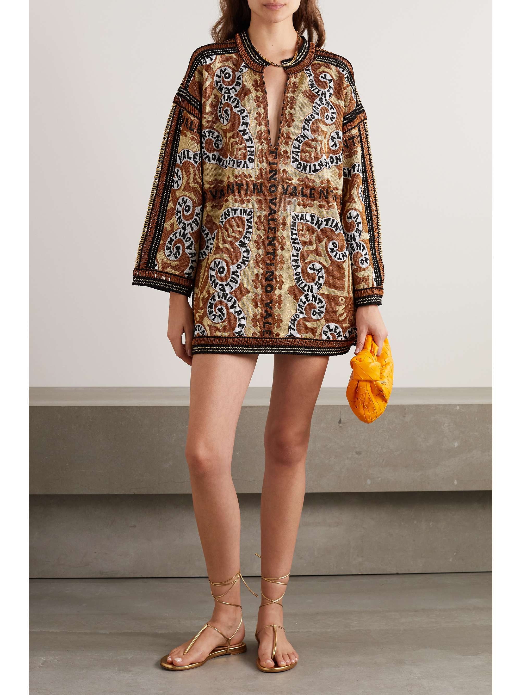 VALENTINO GARAVANI Crochet-trimmed metallic jacquard-knit mini dress
