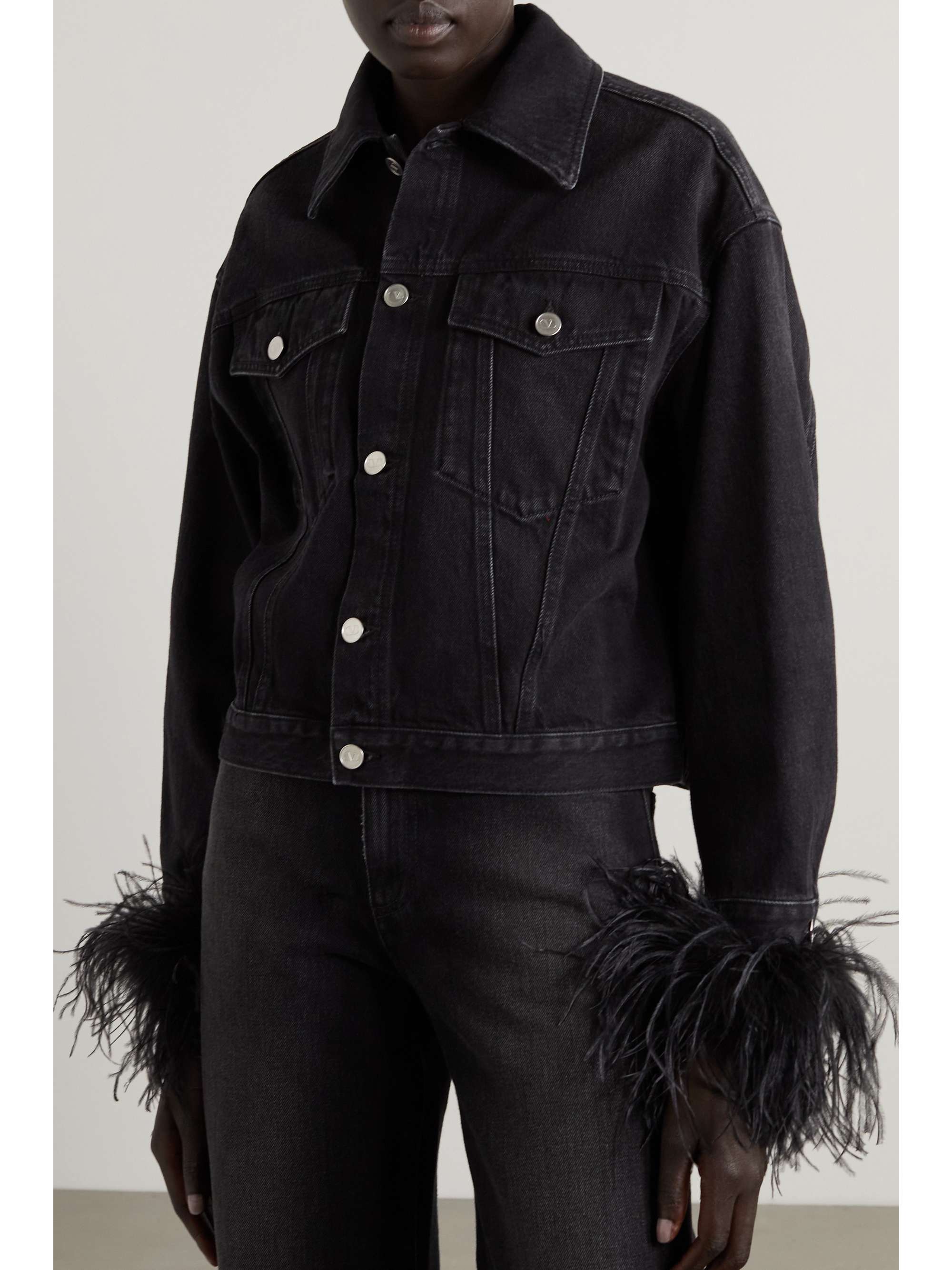 VALENTINO GARAVANI Feather-trimmed denim jacket