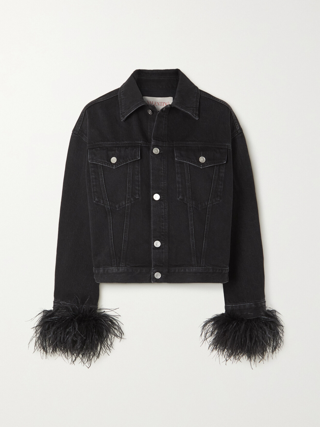 Valentino - Feather-trimmed Denim Jacket - Black