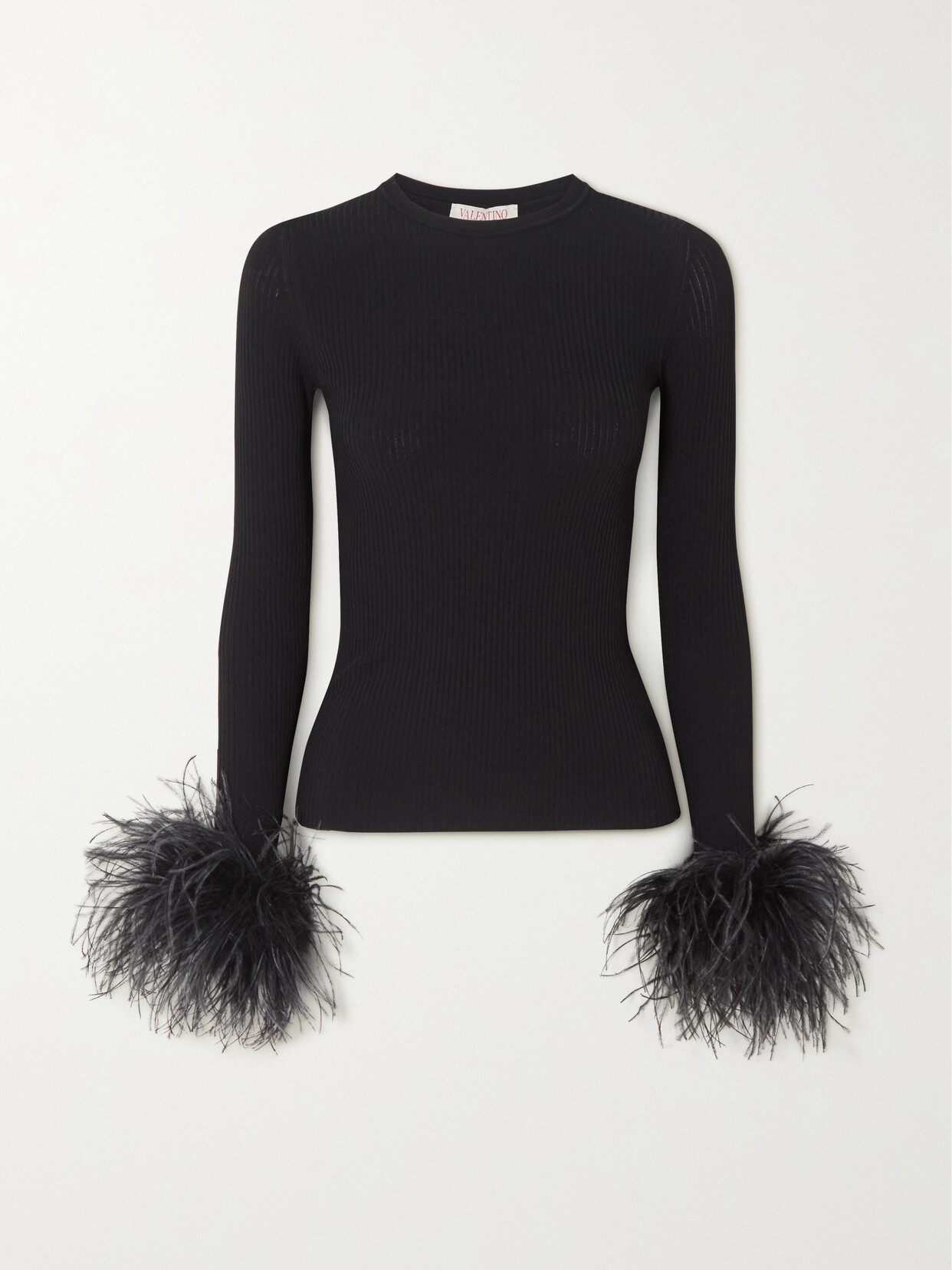 Valentino Garavani - Feather-trimmed Ribbed-knit Top - Black