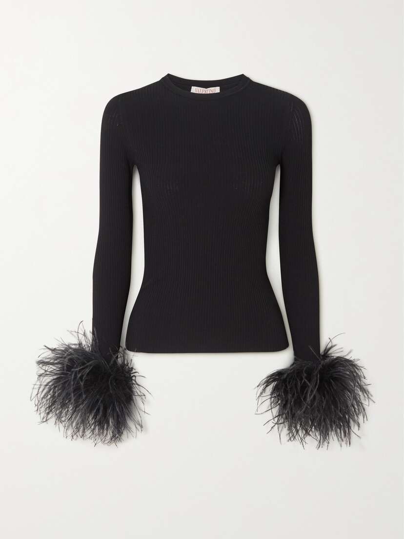 Valentino Garavani Feather-trimmed Ribbed-knit Top
