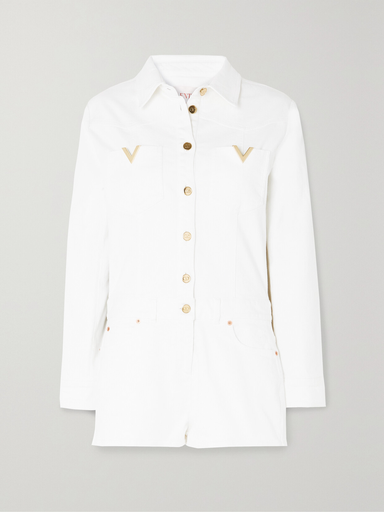 Valentino Embellished Denim Playsuit In White