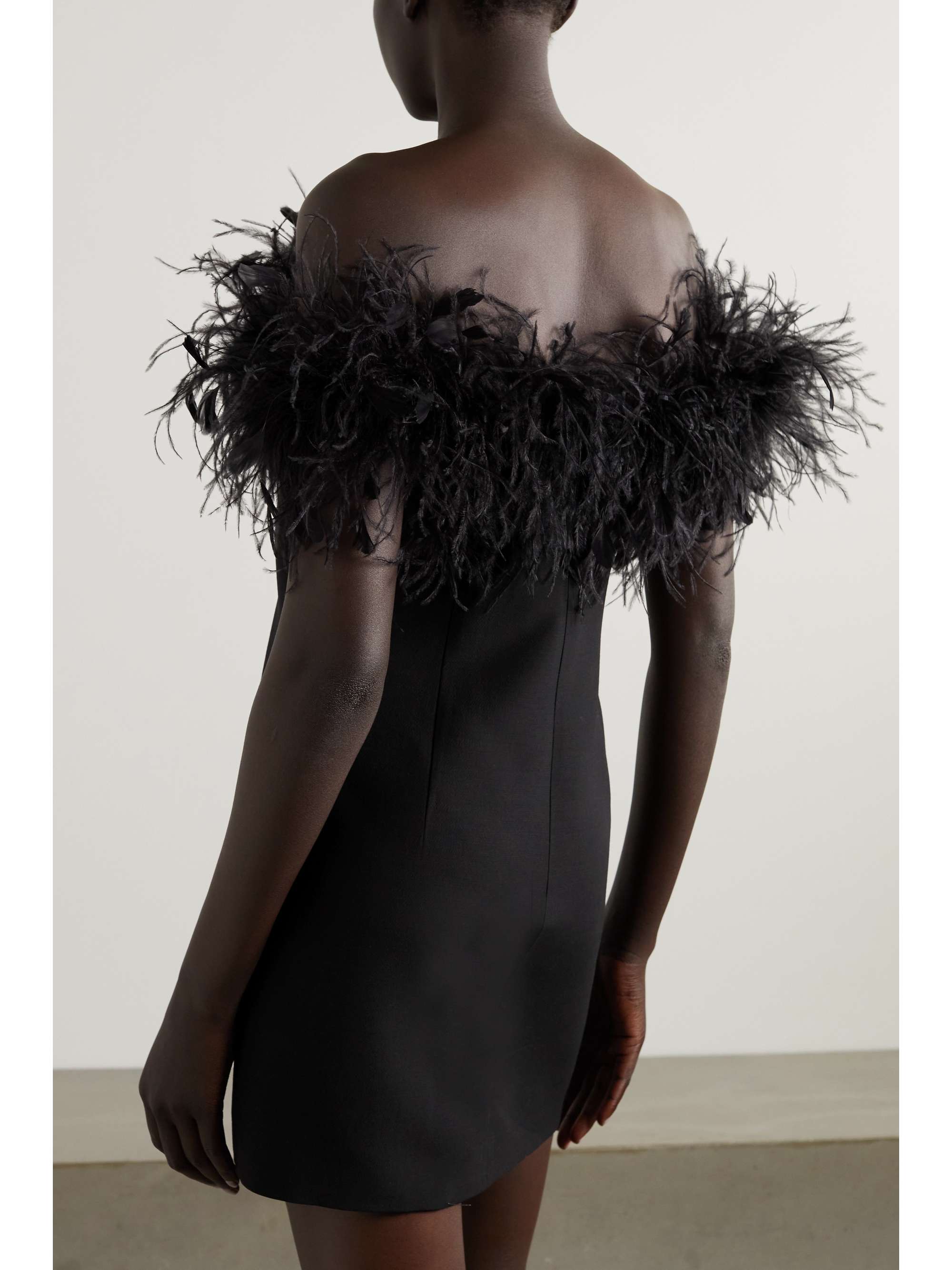 VALENTINO Feather-trimmed wool and silk-blend mini dress