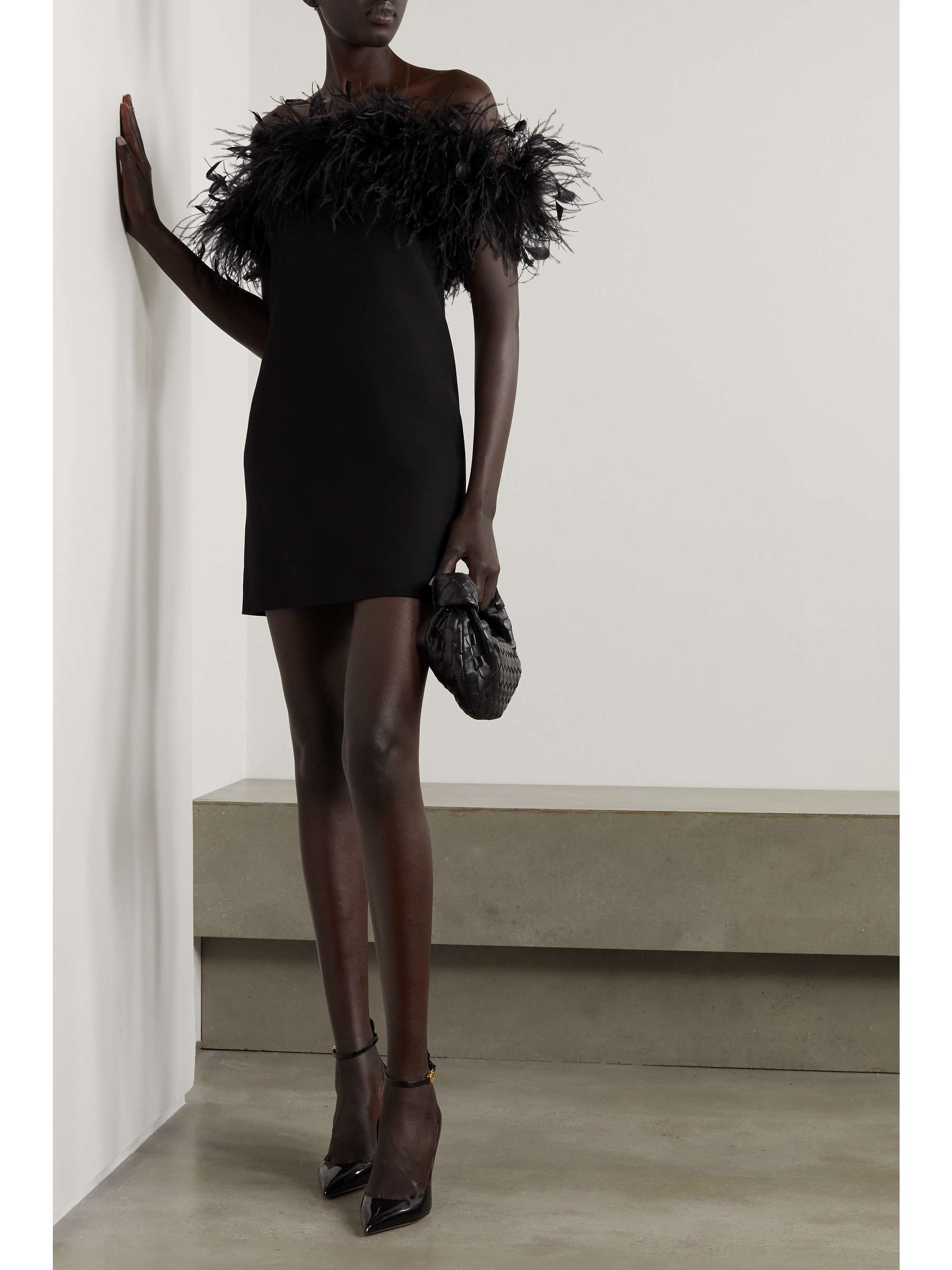 VALENTINO Feather-trimmed wool and silk-blend mini dress