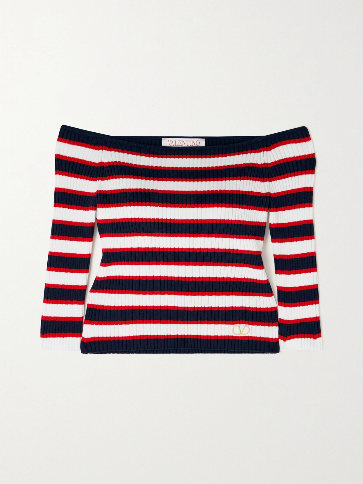 Shop Valentino Off-the-shoulder Striped Ribbed Cotton-blend Top In Blue