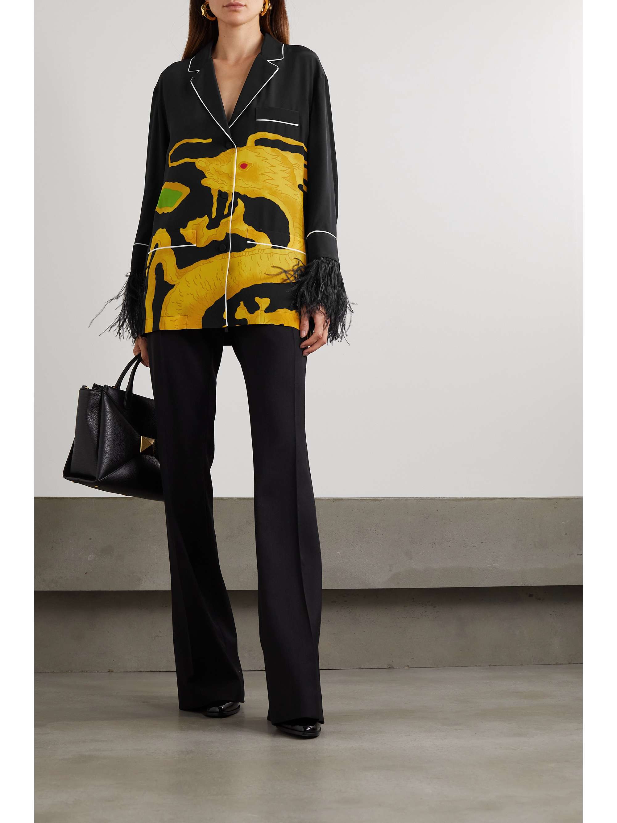 VALENTINO GARAVANI Feather-trimmed printed silk crepe de chine shirt