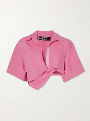 자크뮈스 셔츠 JACQUEMUS Capri asymmetric cropped twisted linen shirt,Fuchsia