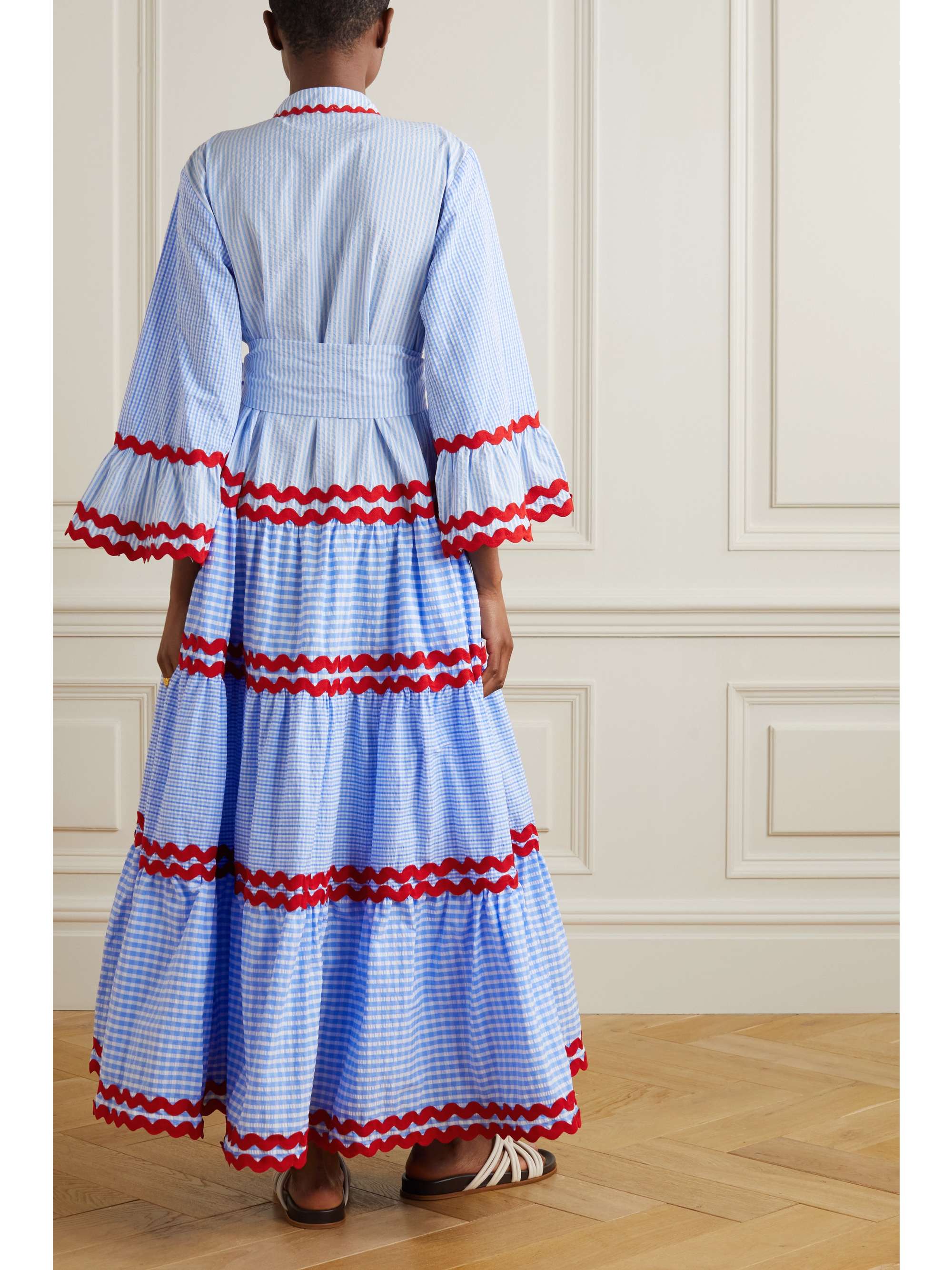 FLORA SARDALOS Milos ric rac-trimmed striped checked cotton maxi dress