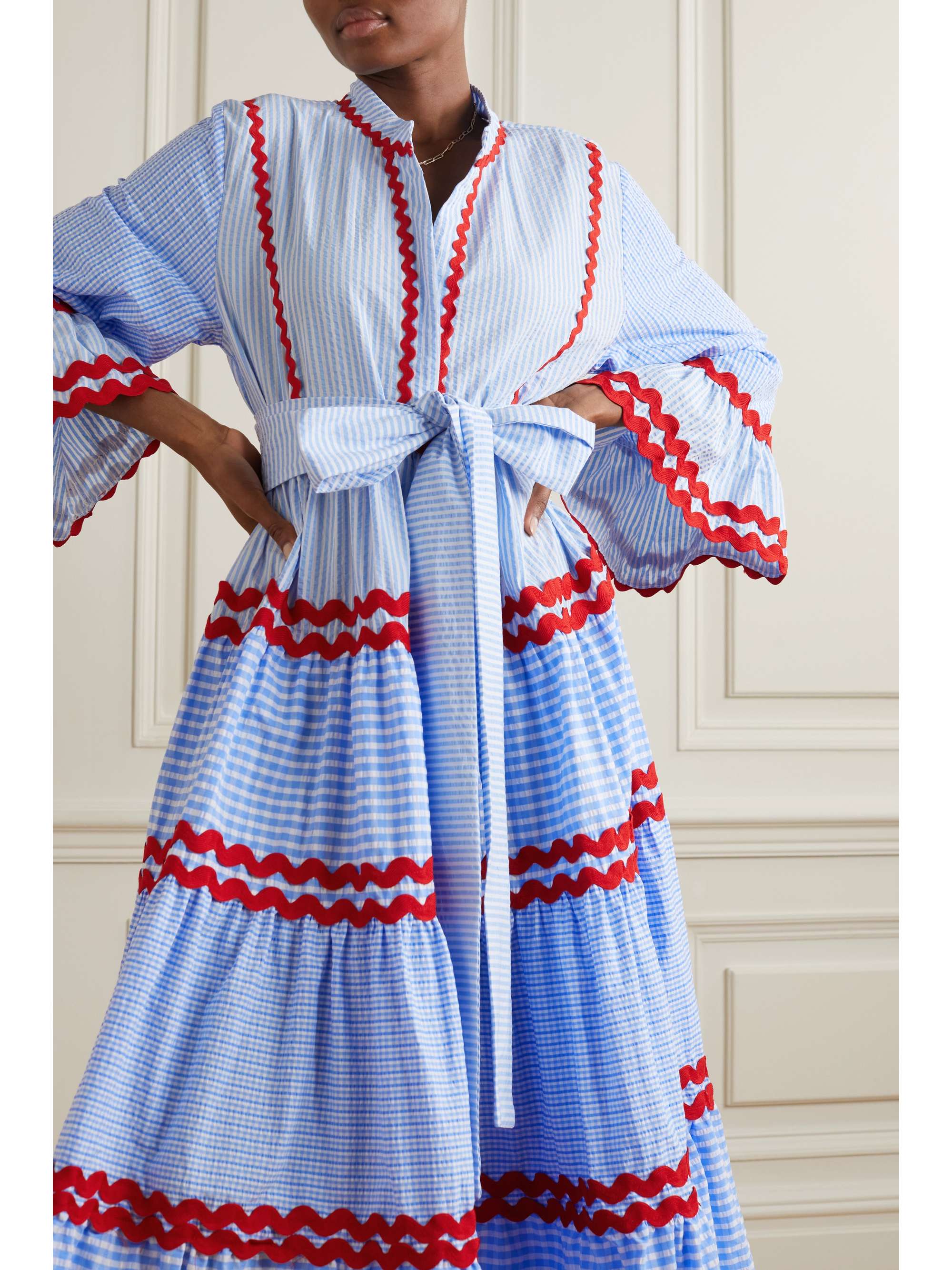 FLORA SARDALOS Milos ric rac-trimmed striped checked cotton maxi dress