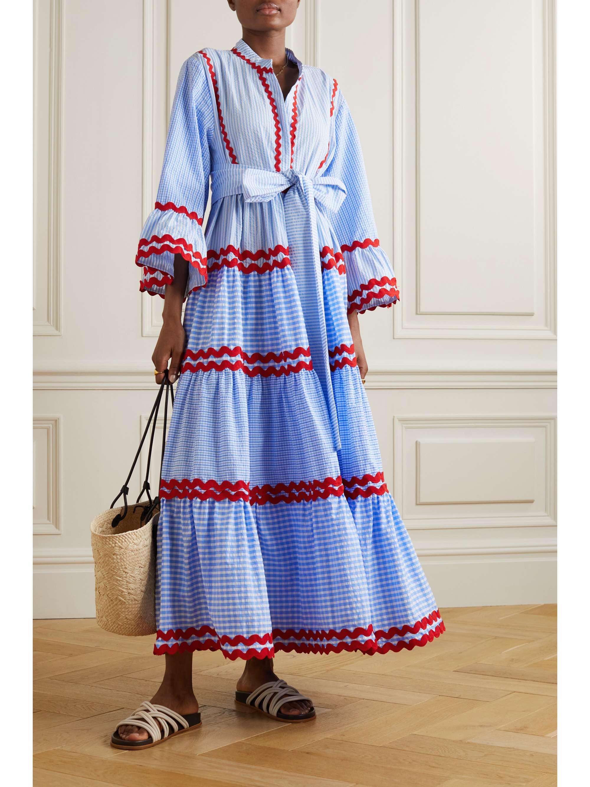 FLORA SARDALOS Milos ric rac-trimmed striped checked cotton maxi dress