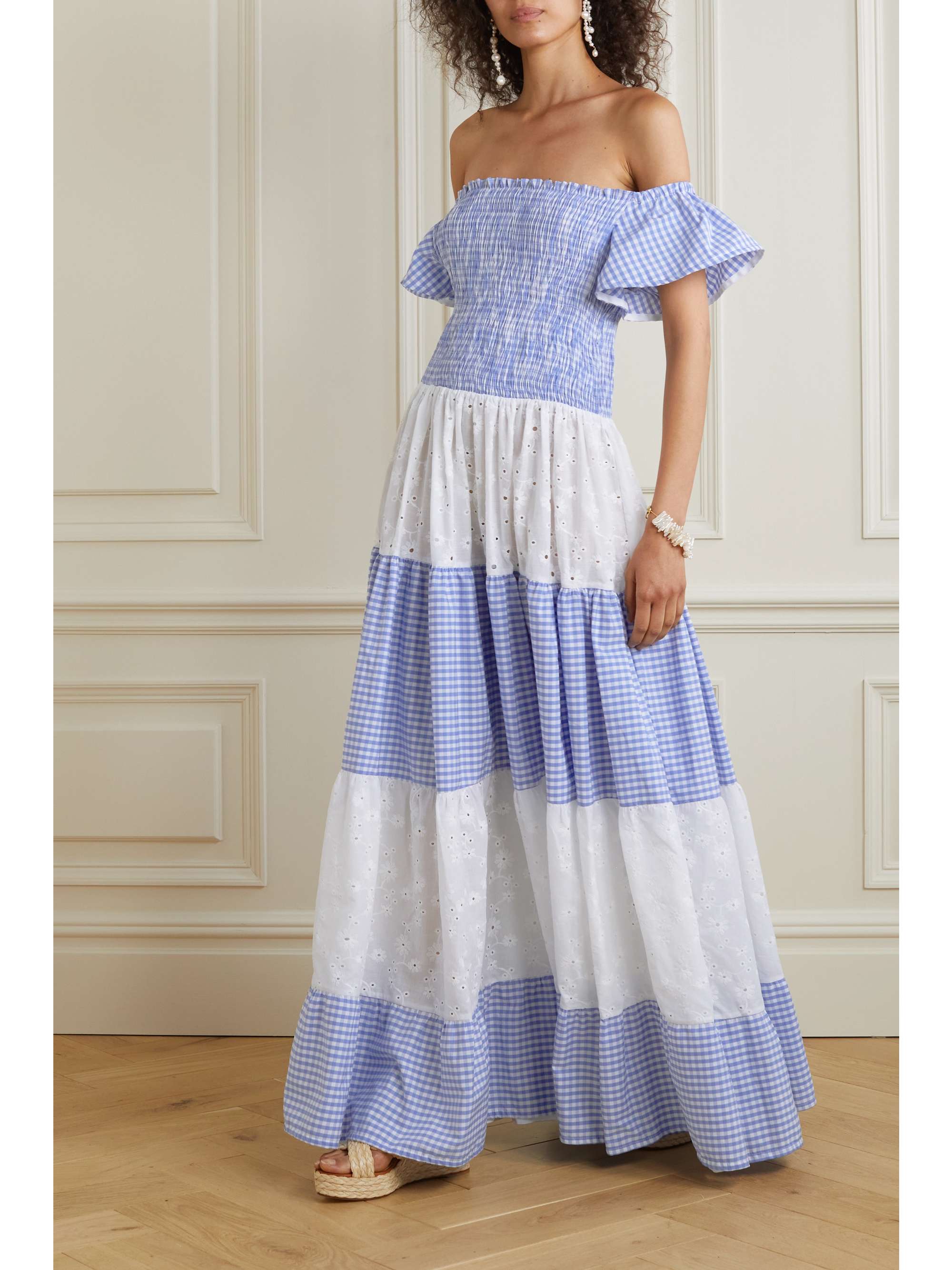Light blue Karpathos shirred tiered broderie-anglaise cotton-poplin maxi dress | FLORA SARDALOS 