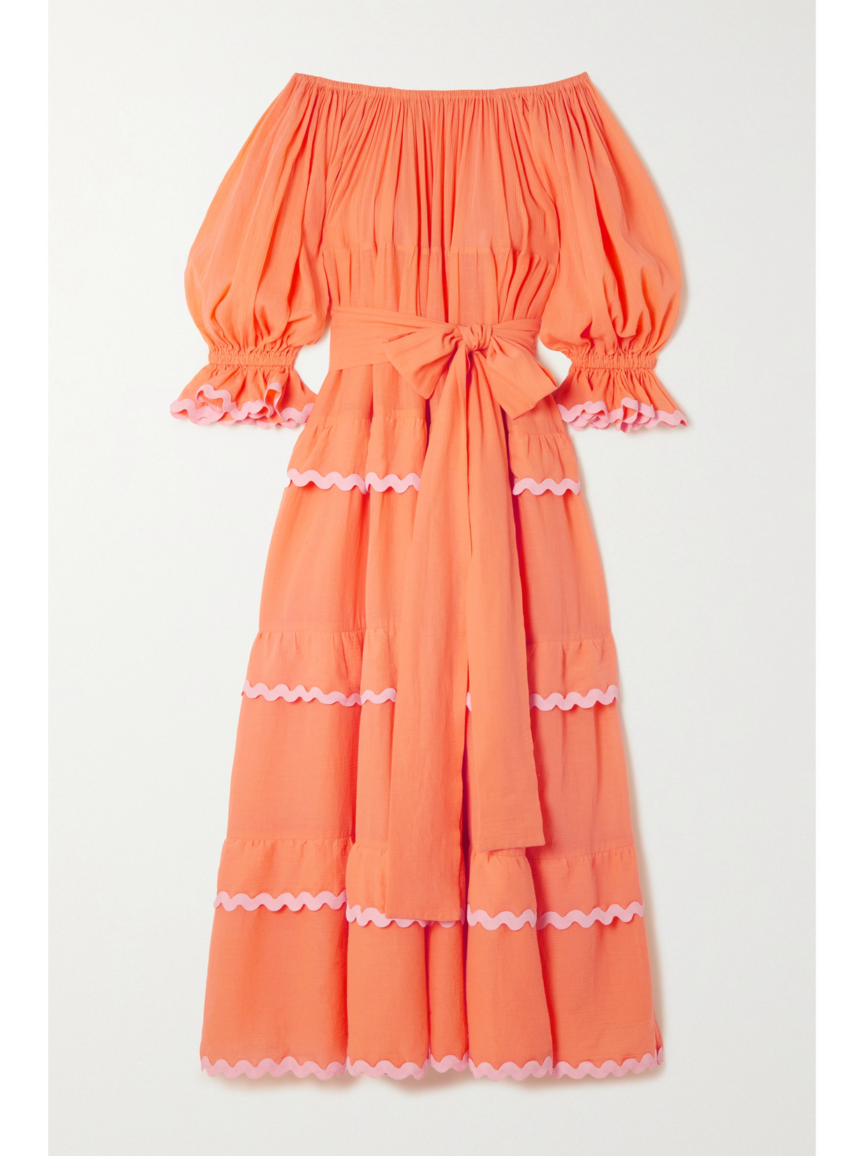 FLORA SARDALOS Amorgos Belted Ric Rac-trimmed Cotton-voile Maxi Dress