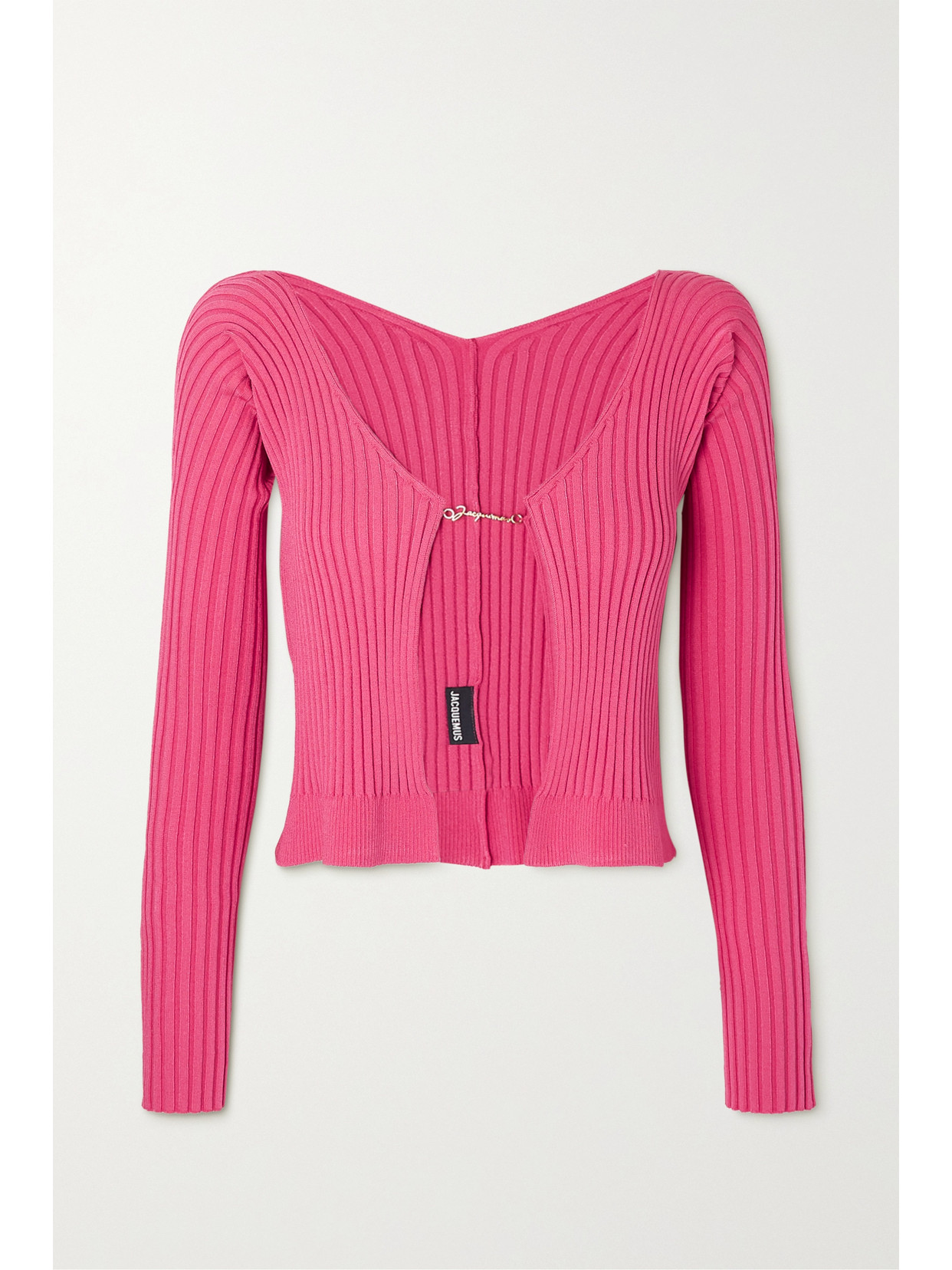 Jacquemus Pralù Cropped Embellished Ribbed-knit Cardigan In Pink