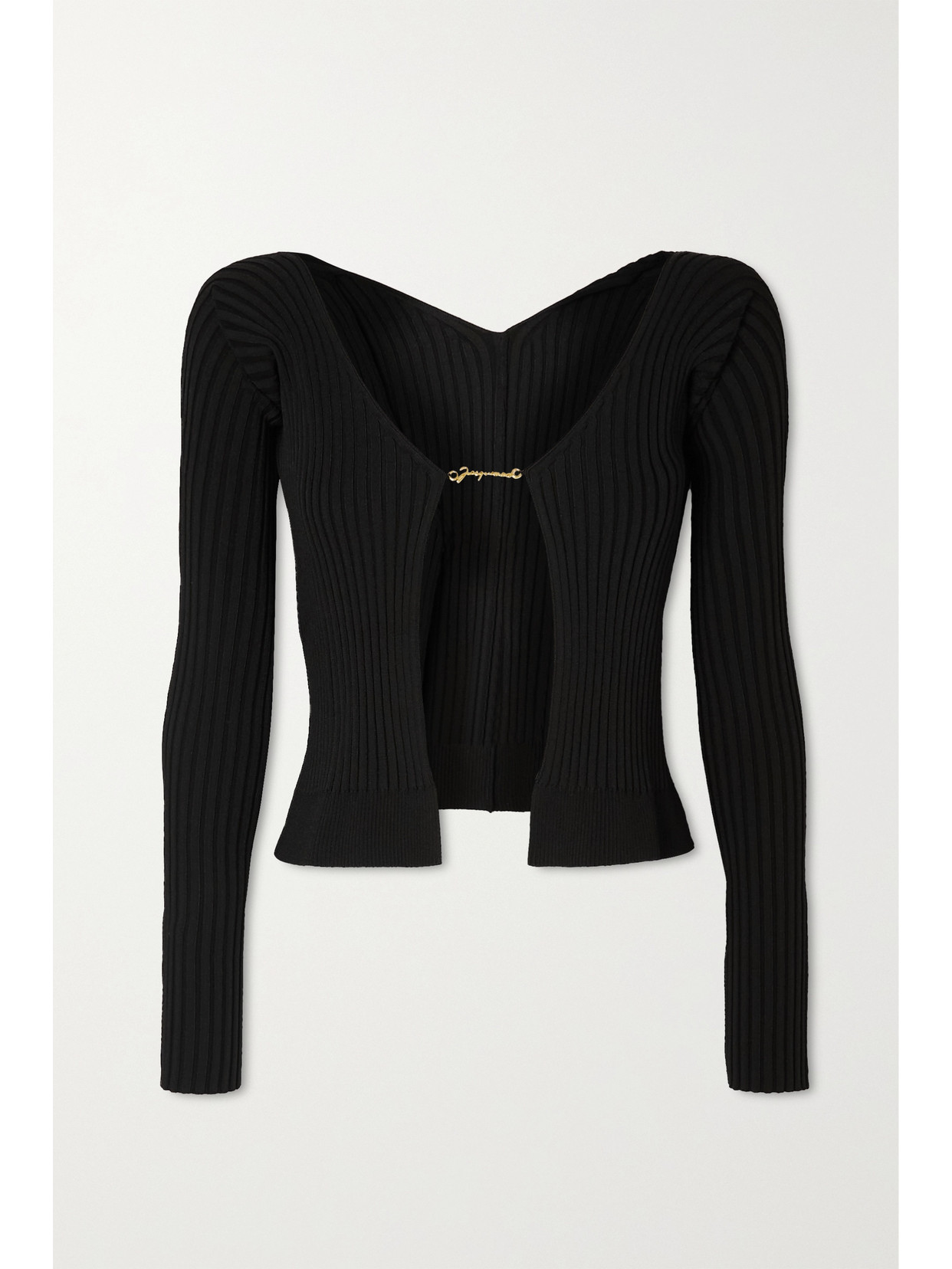 Jacquemus 'la Maille Pralu Longue' Black Ribbed Cardigan With Logo Charm Woman In Black