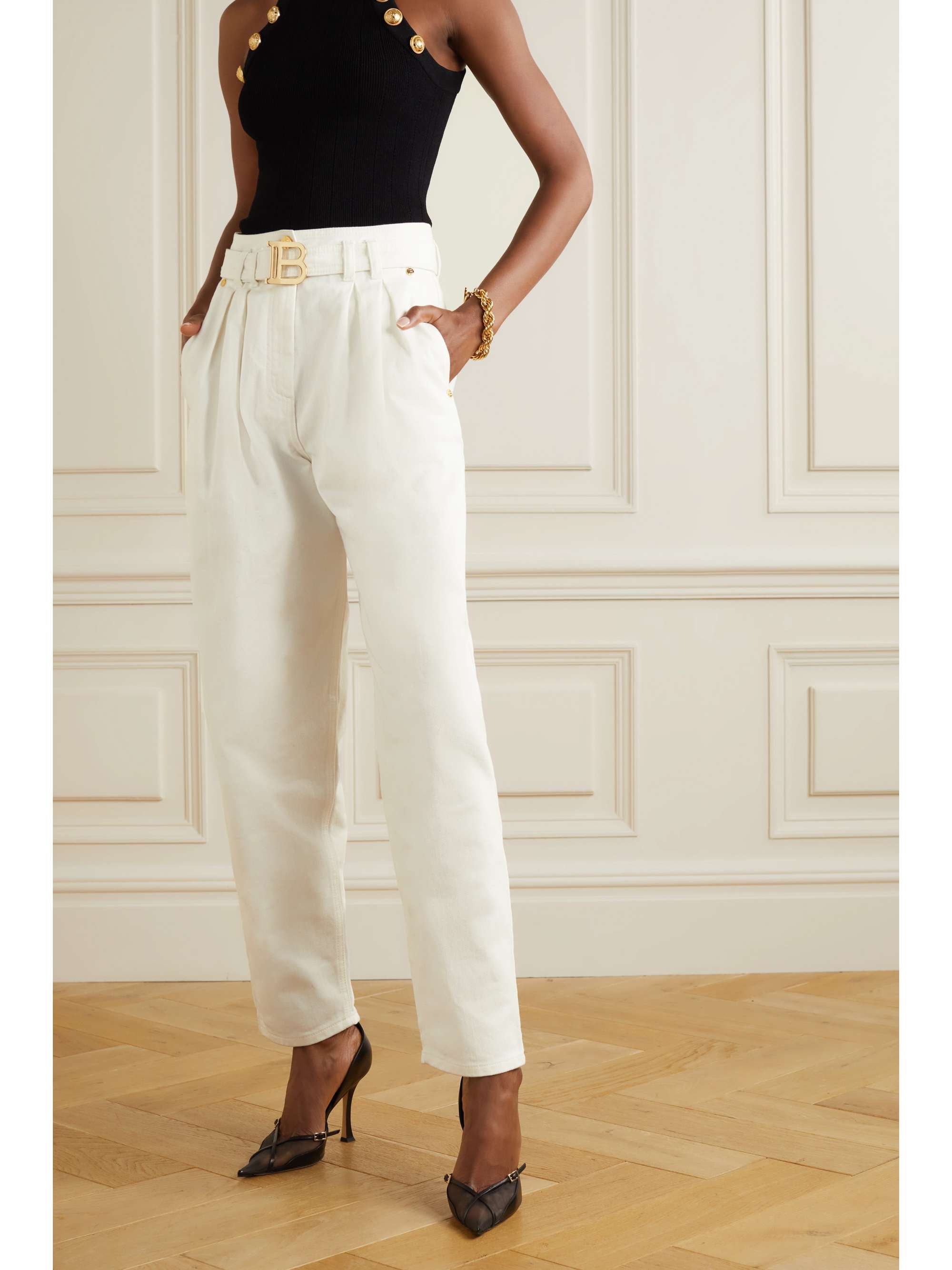 BALMAIN Belted high-rise boyfriend jeans