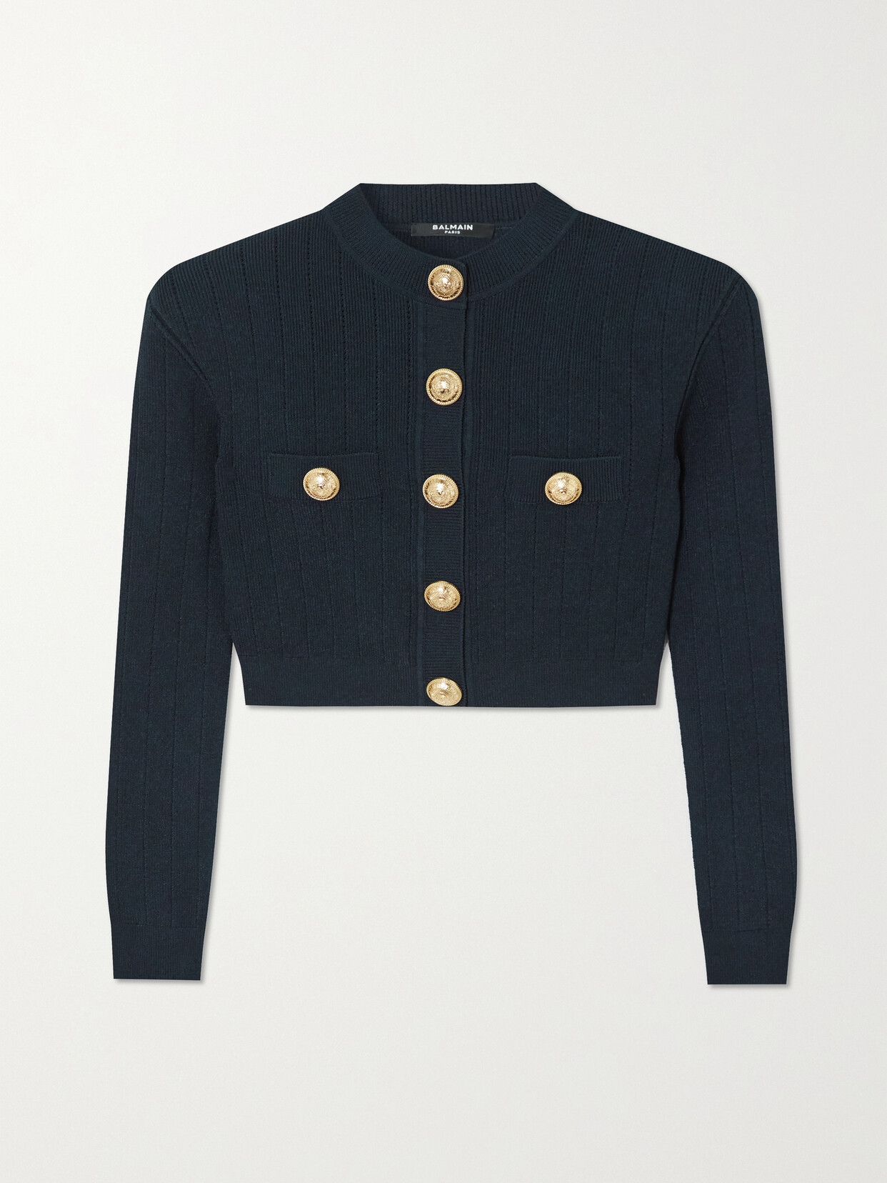 Balmain Cropped Button-embellished Ribbed-knit Blazer - Blue