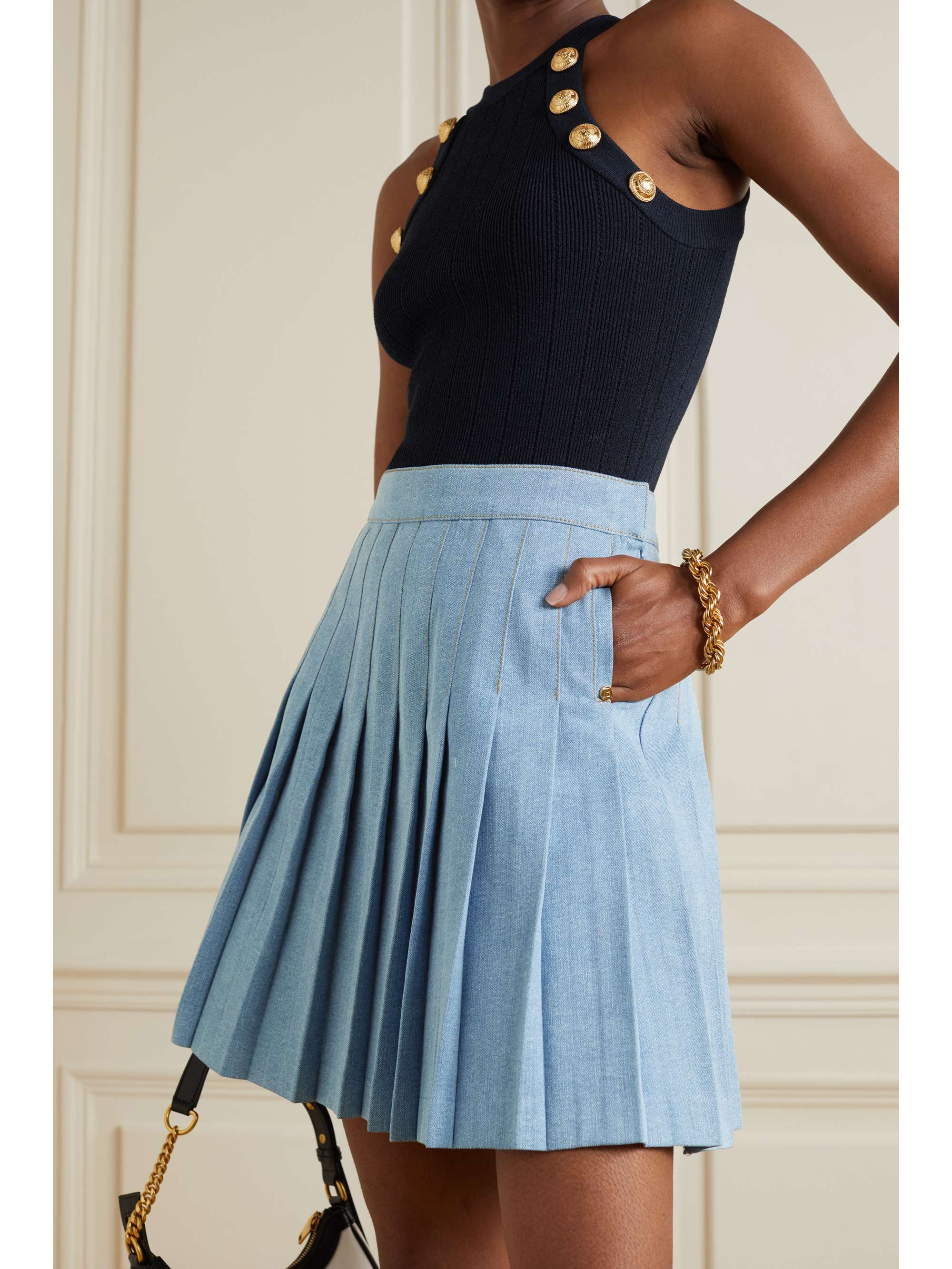 Navy Button Embellished Pleated Denim Mini Skirt Balmain Net A Porter