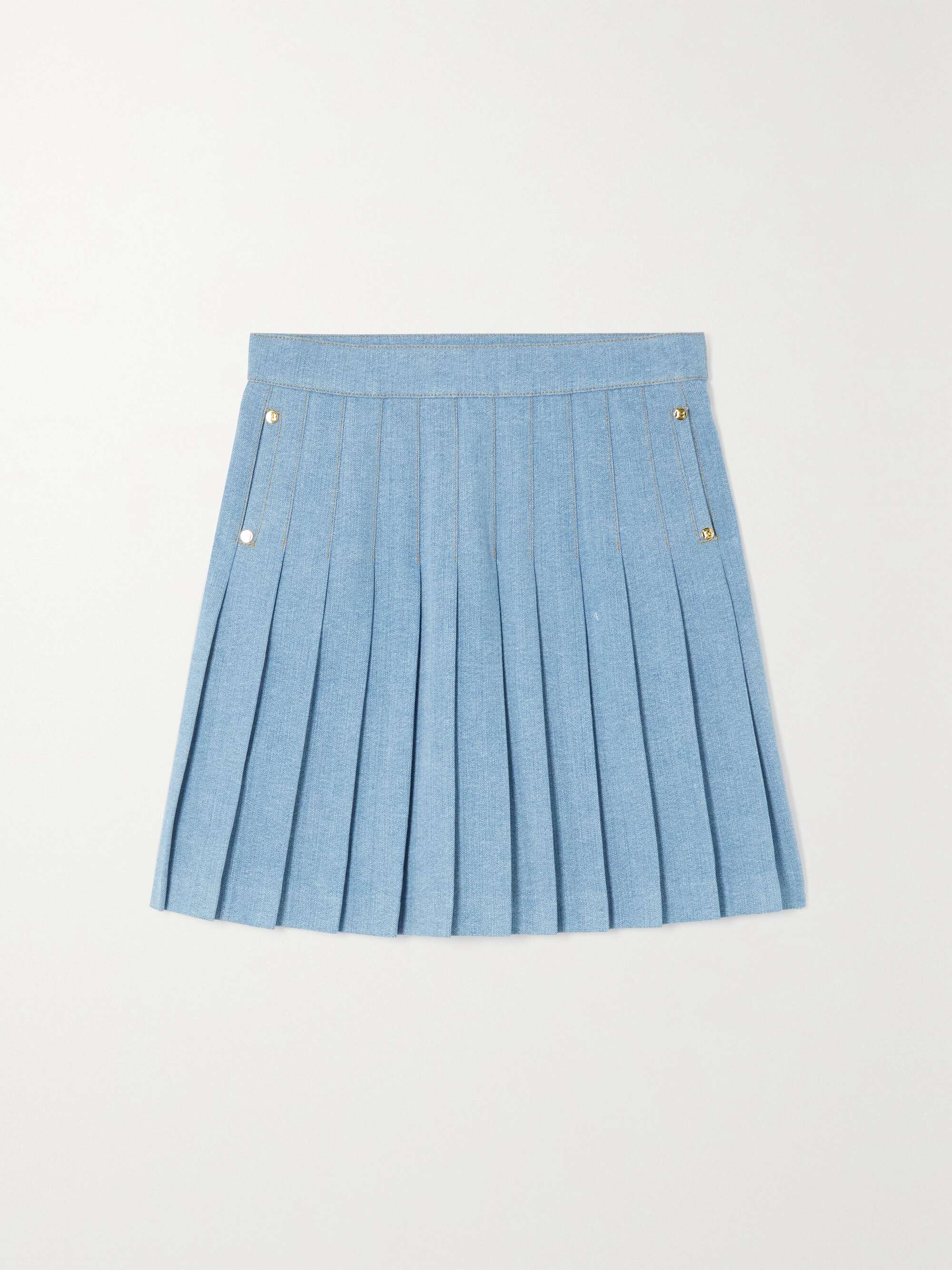 BALMAIN Button-embellished pleated denim mini skirt | NET-A-PORTER