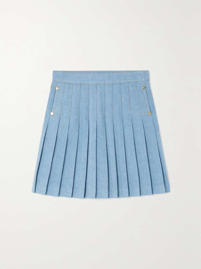 Balmain Button-embellished Pleated Denim Mini Skirt