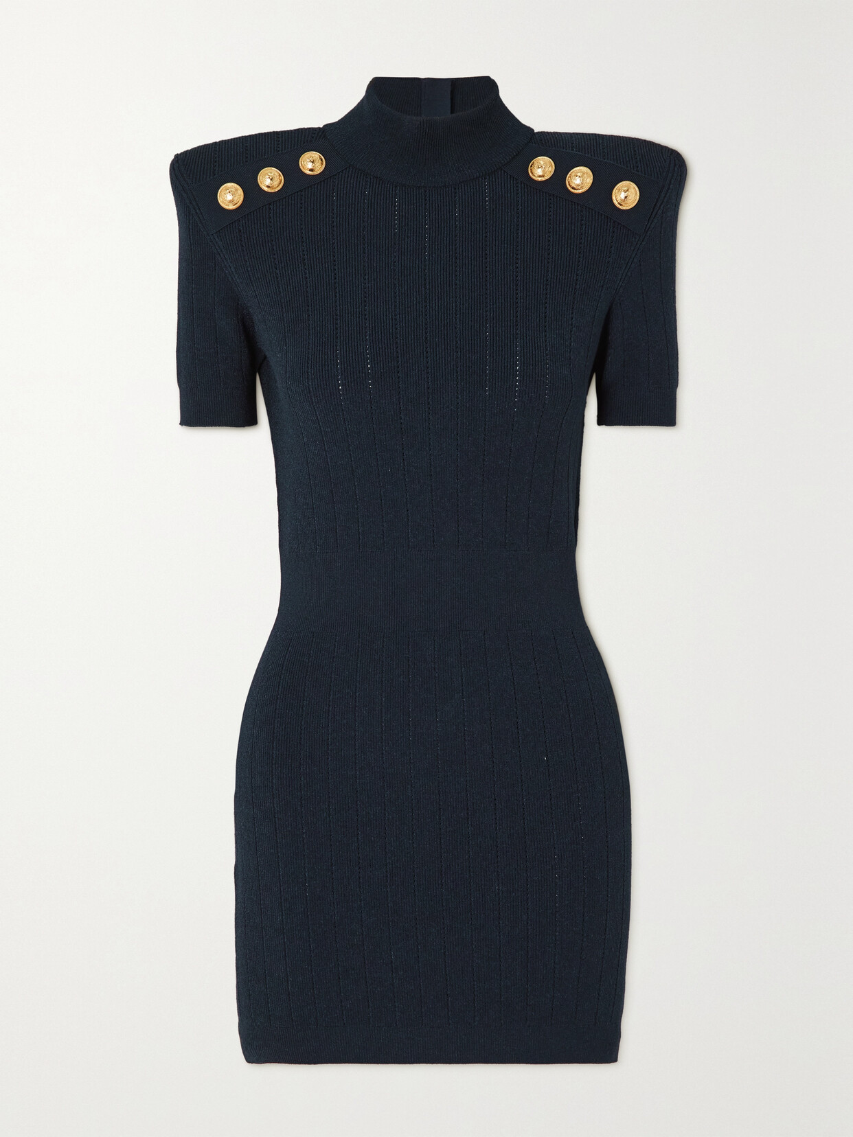 Balmain Button-embellished Ribbed-knit Mini Dress - Blue