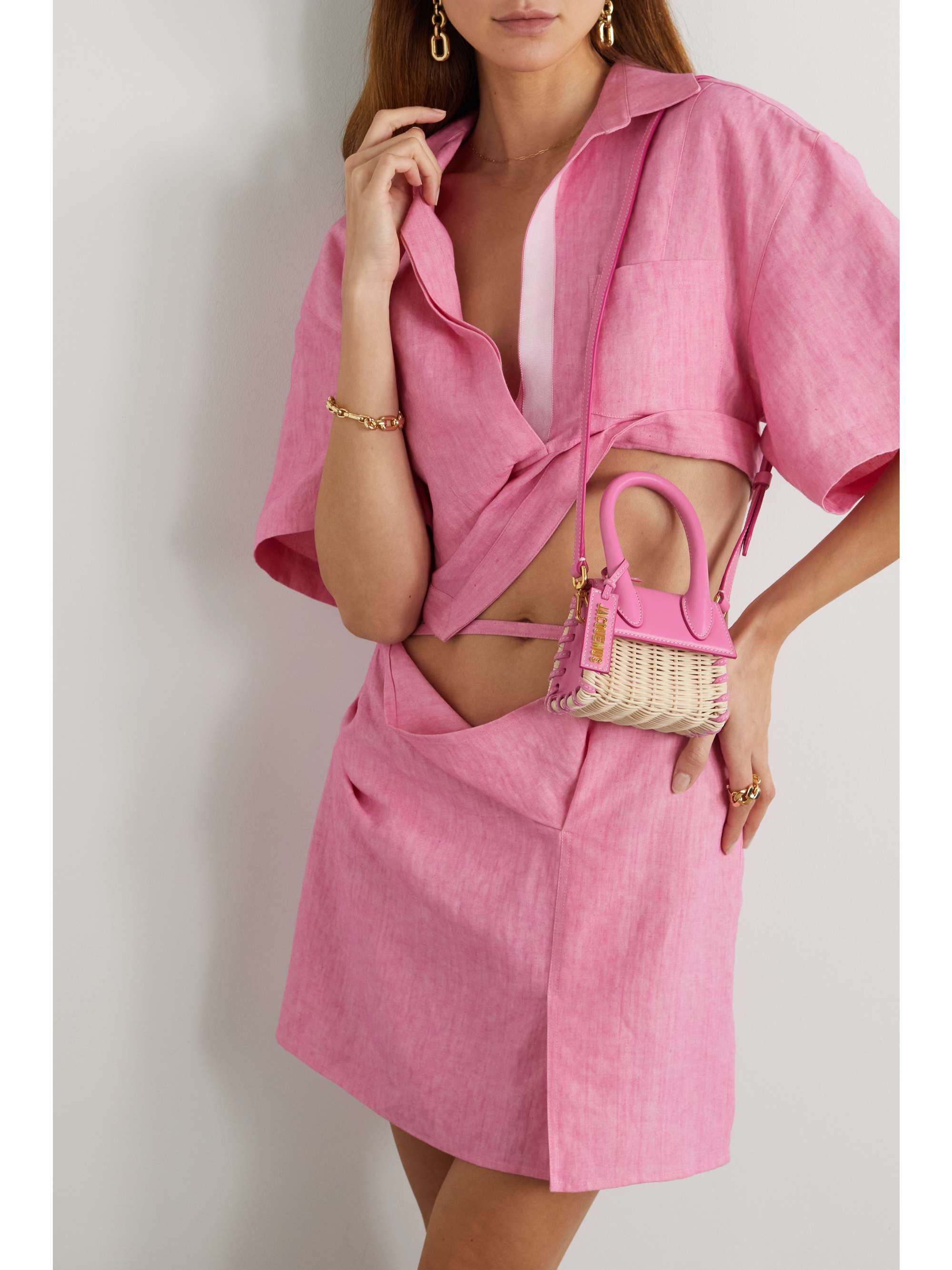 Pink Le Chiquito Osier leather and raffia shoulder bag | JACQUEMUS 