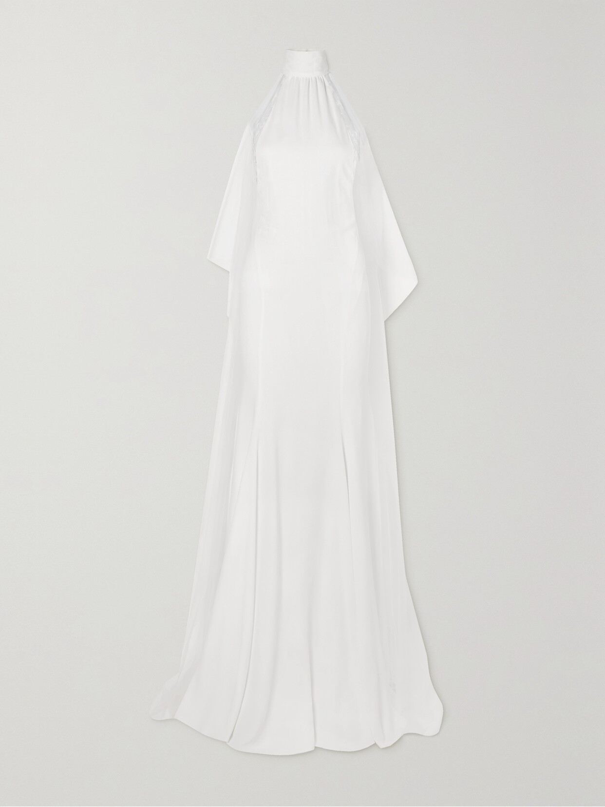 Rime Arodaky Queen Embroidered Tulle-trimmed Crepe De Chine Halterneck Gown In White