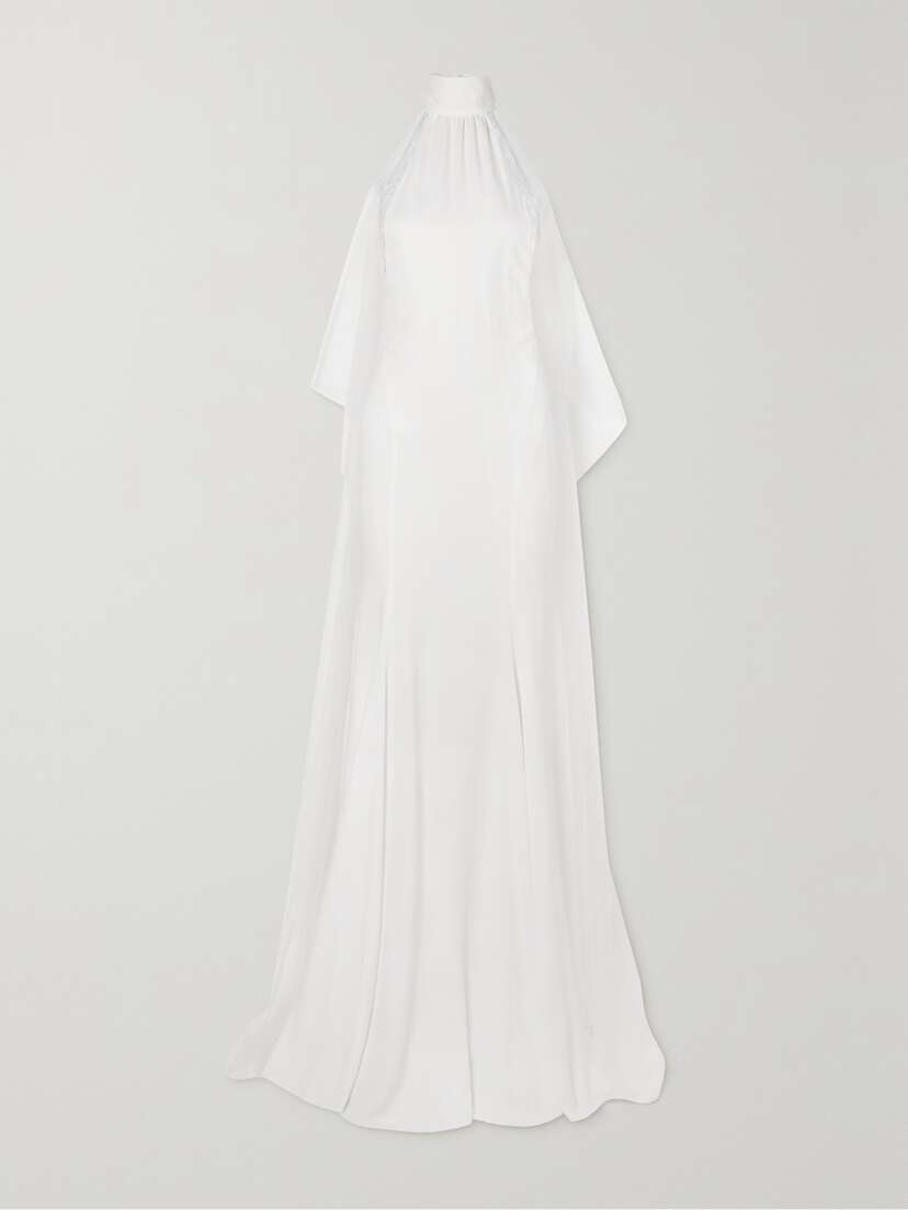 Rime Arodaky Queen Embroidered Tulle-trimmed Crepe De Chine Halterneck Gown