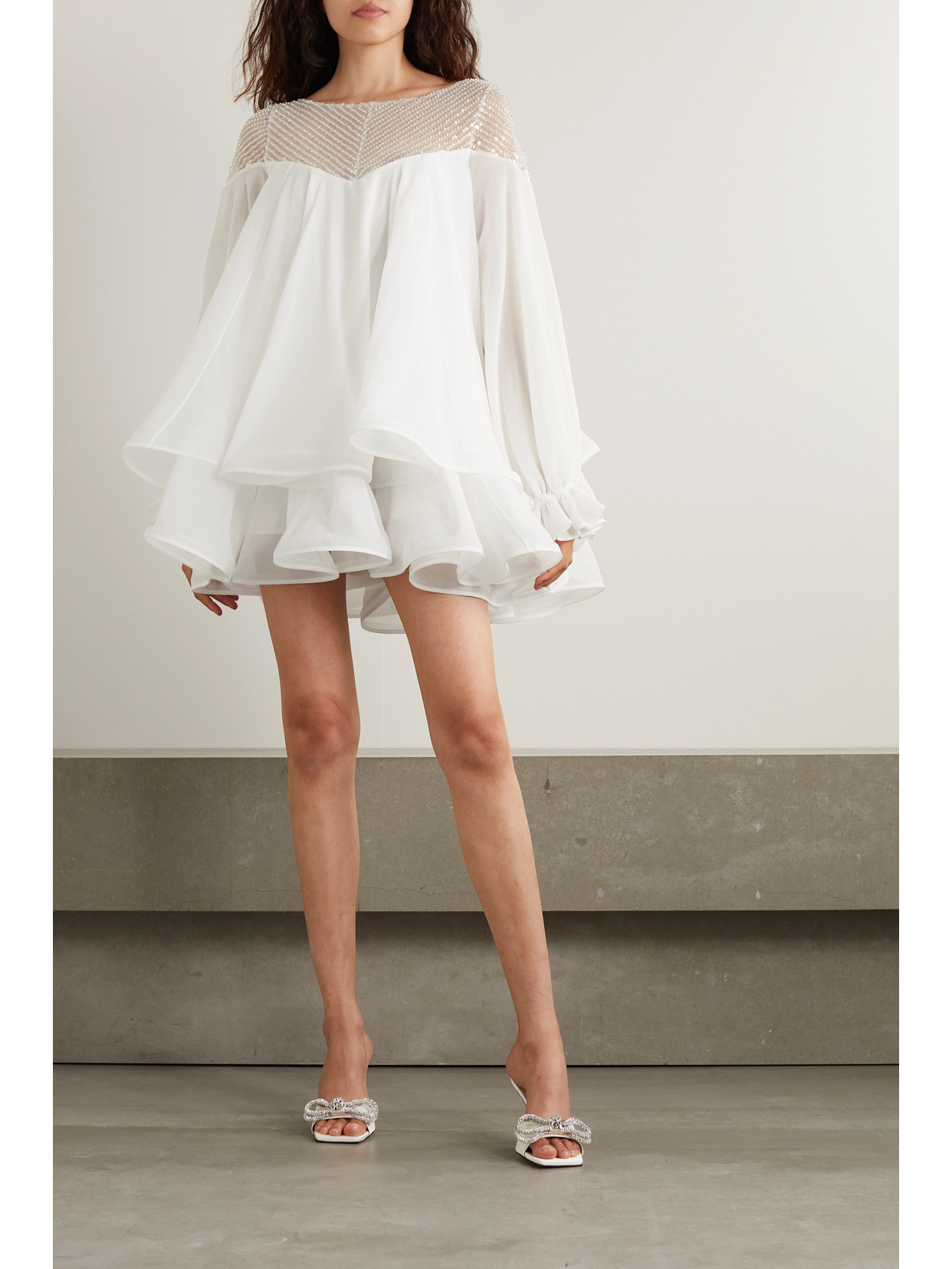 Shop Rime Arodaky Mar Layered Ruffled Bead-embellished Tulle And Silk-organza Mini Dress In White