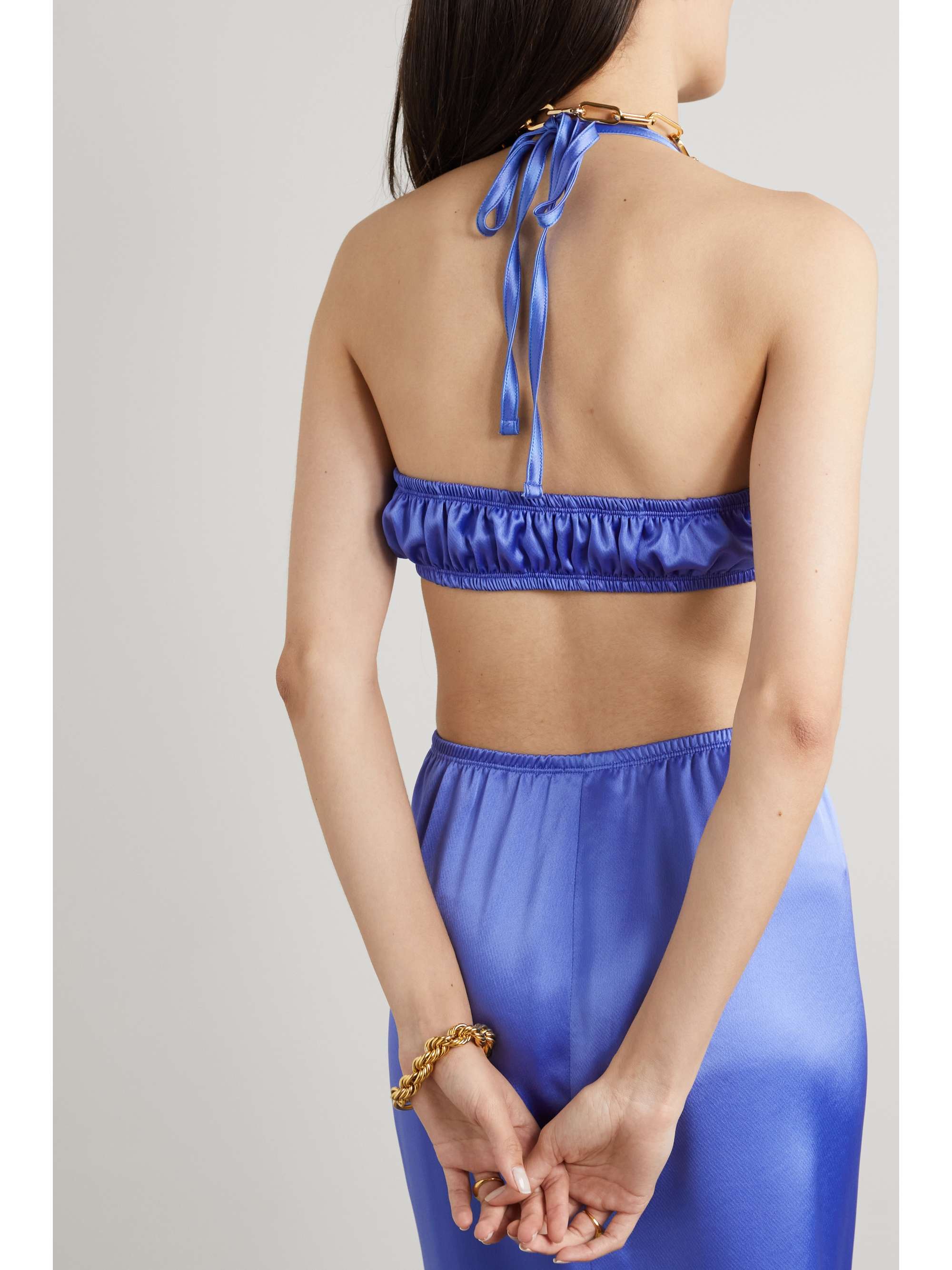 LESET Barb ruched satin halterneck bandeau top