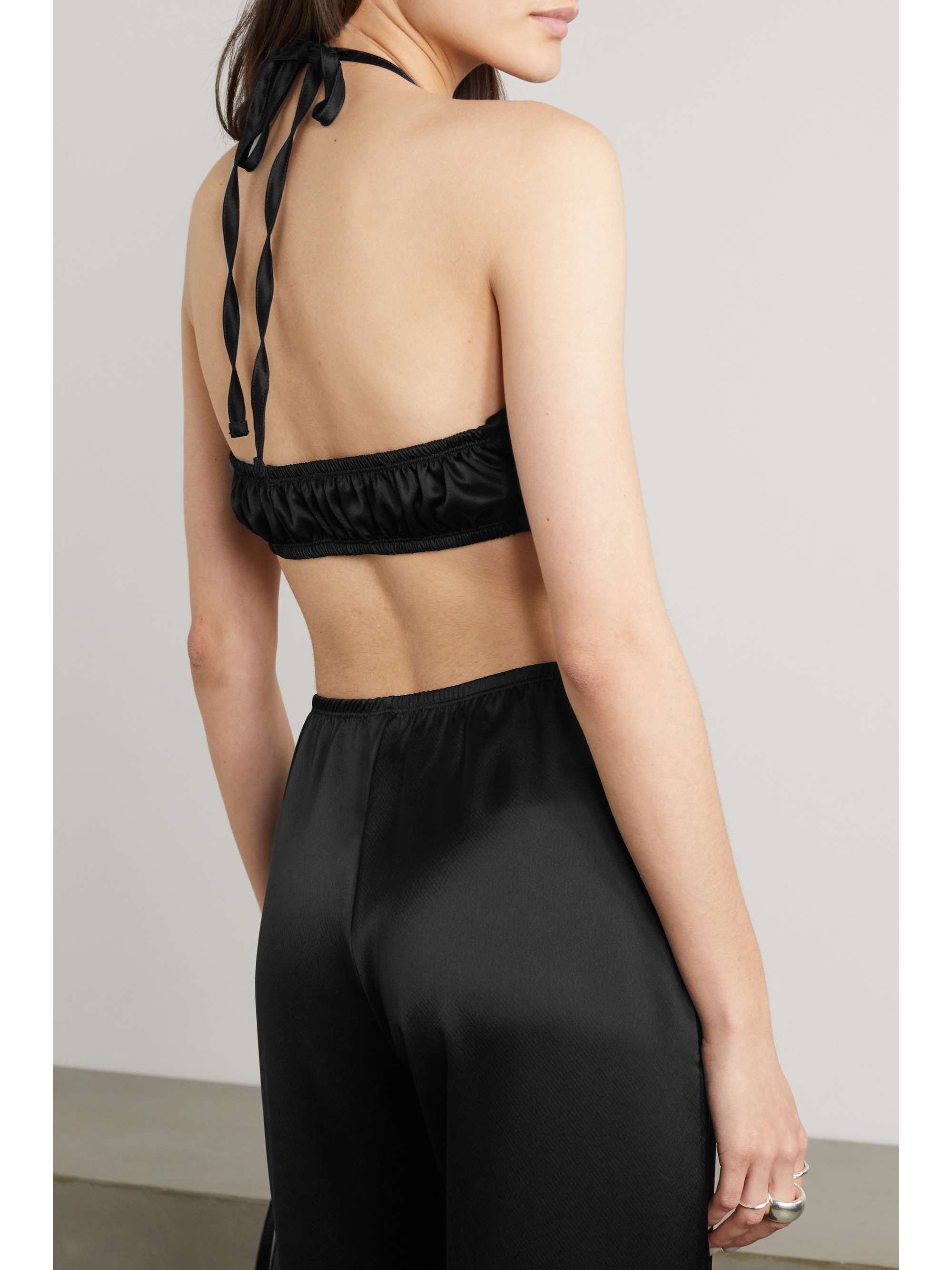 LESET Barb ruched satin halterneck bandeau top