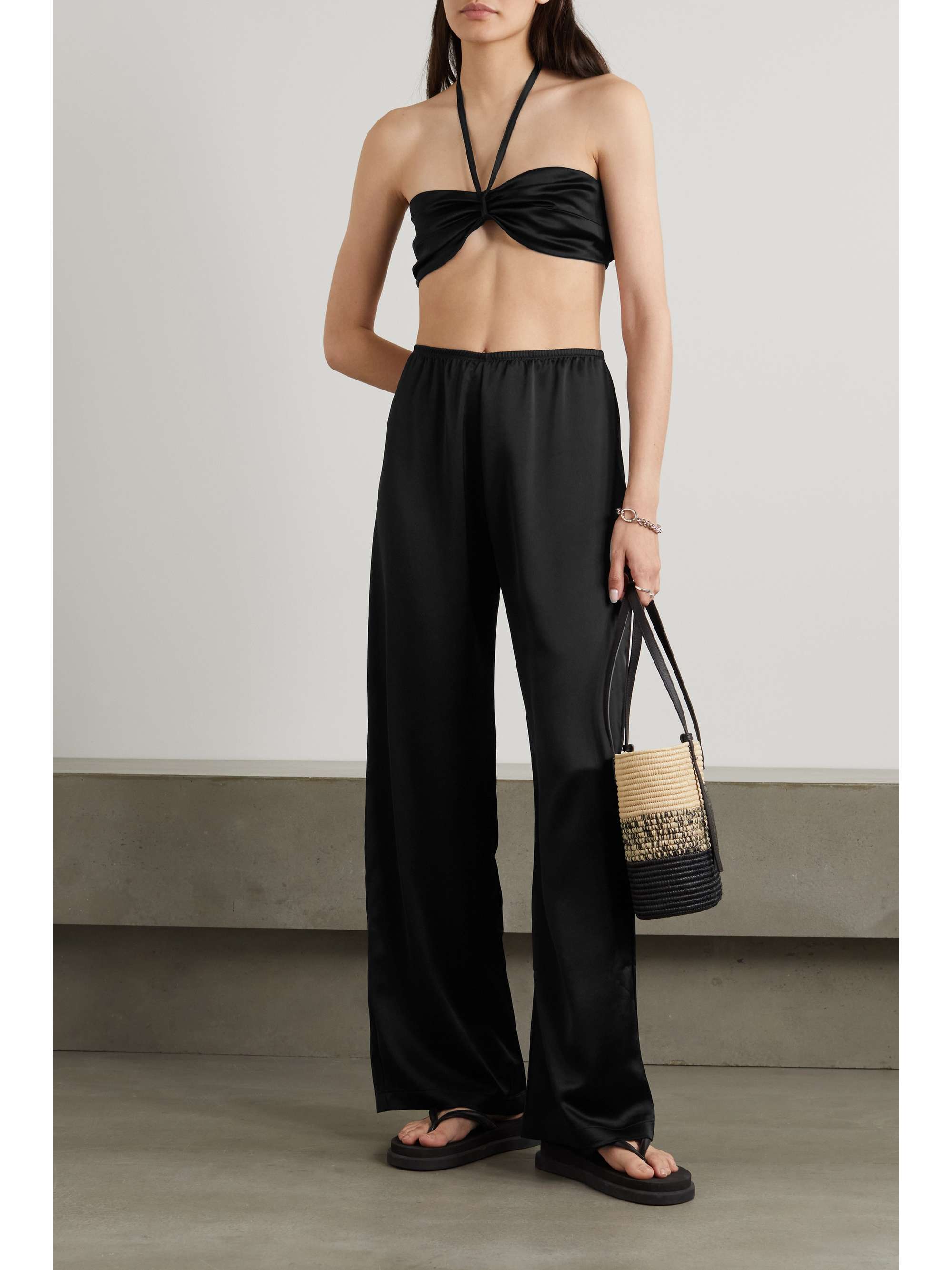 LESET Barb ruched satin halterneck bandeau top